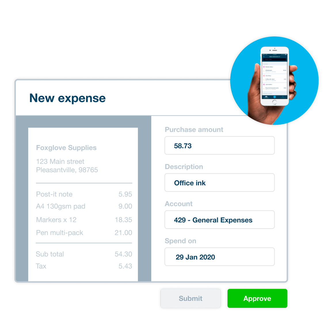 A hand holding a mobile device, showing an example of the Xero Expenses app interface.