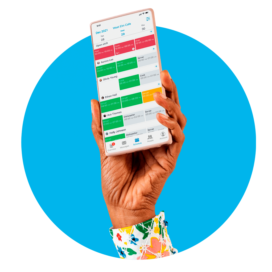 A hand holds a mobile device showing the Planday app’s employee scheduling interface.