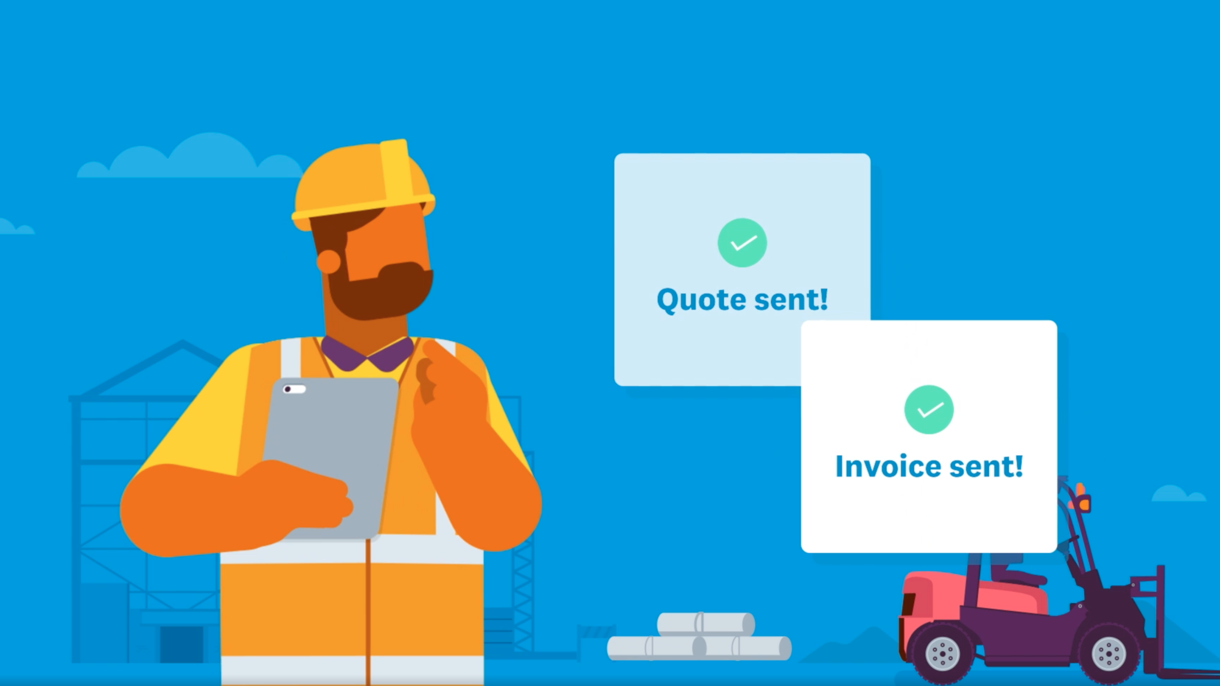 A construction business owner sending invoices and quotes online using a tablet.