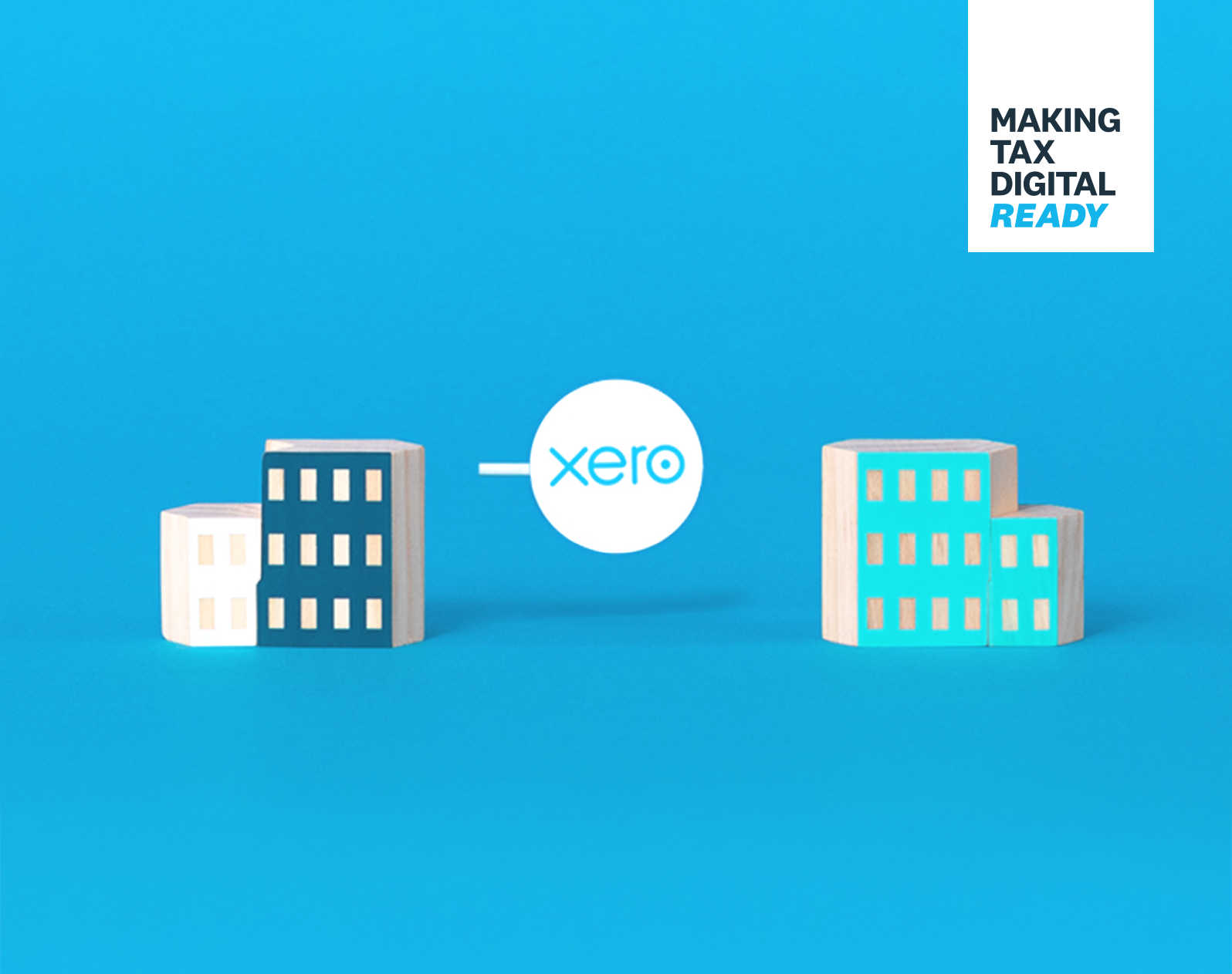 Illustrated buildings with Xero logo in between.