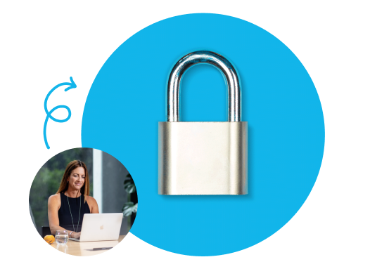 Padlock on blue background. Image of person on laptop.