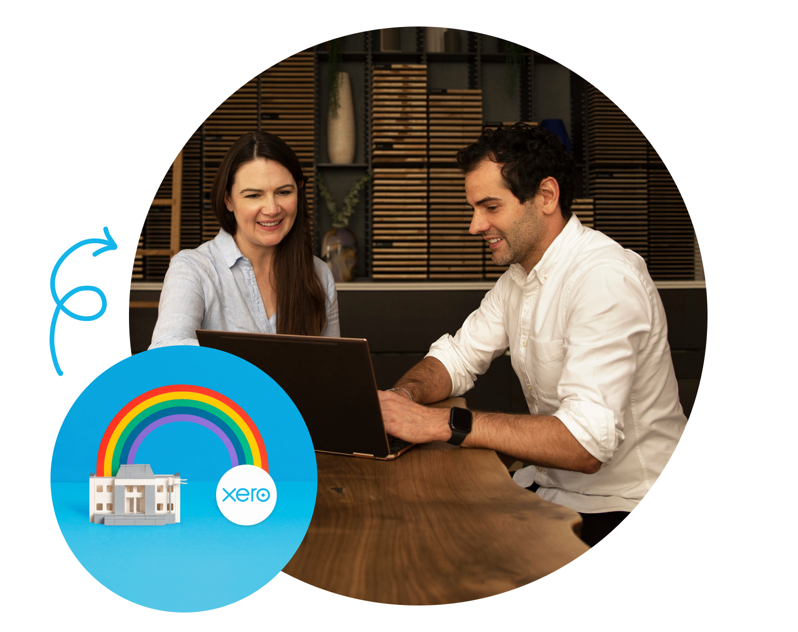 Rainbow and Xero logo on blue background. Partner working with client on laptop device.