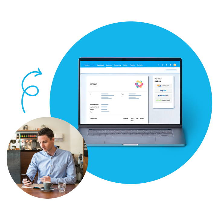 Illustrated invoice on laptop screen. Person looking at mobile device.