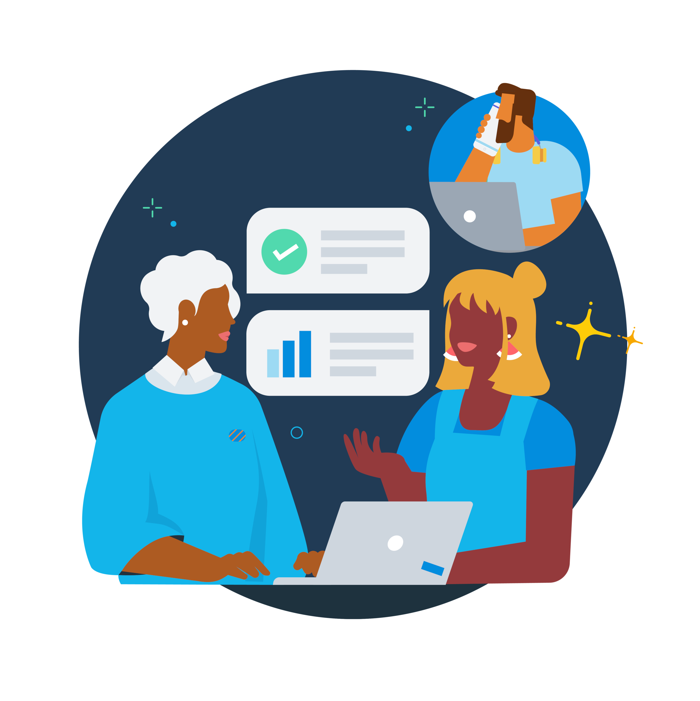 Illustration of two people talking while looking at a laptop