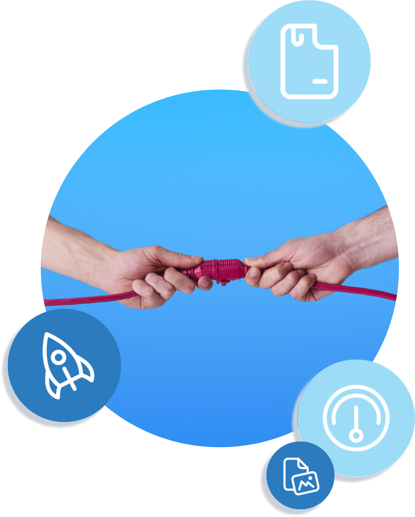 Farmer hand holding a phone on which we see a transaction being complete in Xero. Around we see icons of features on circles.