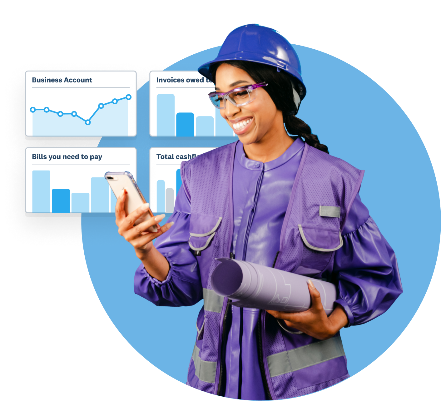 Woman dressed in a purple construction outfit looking at Xero app on phone