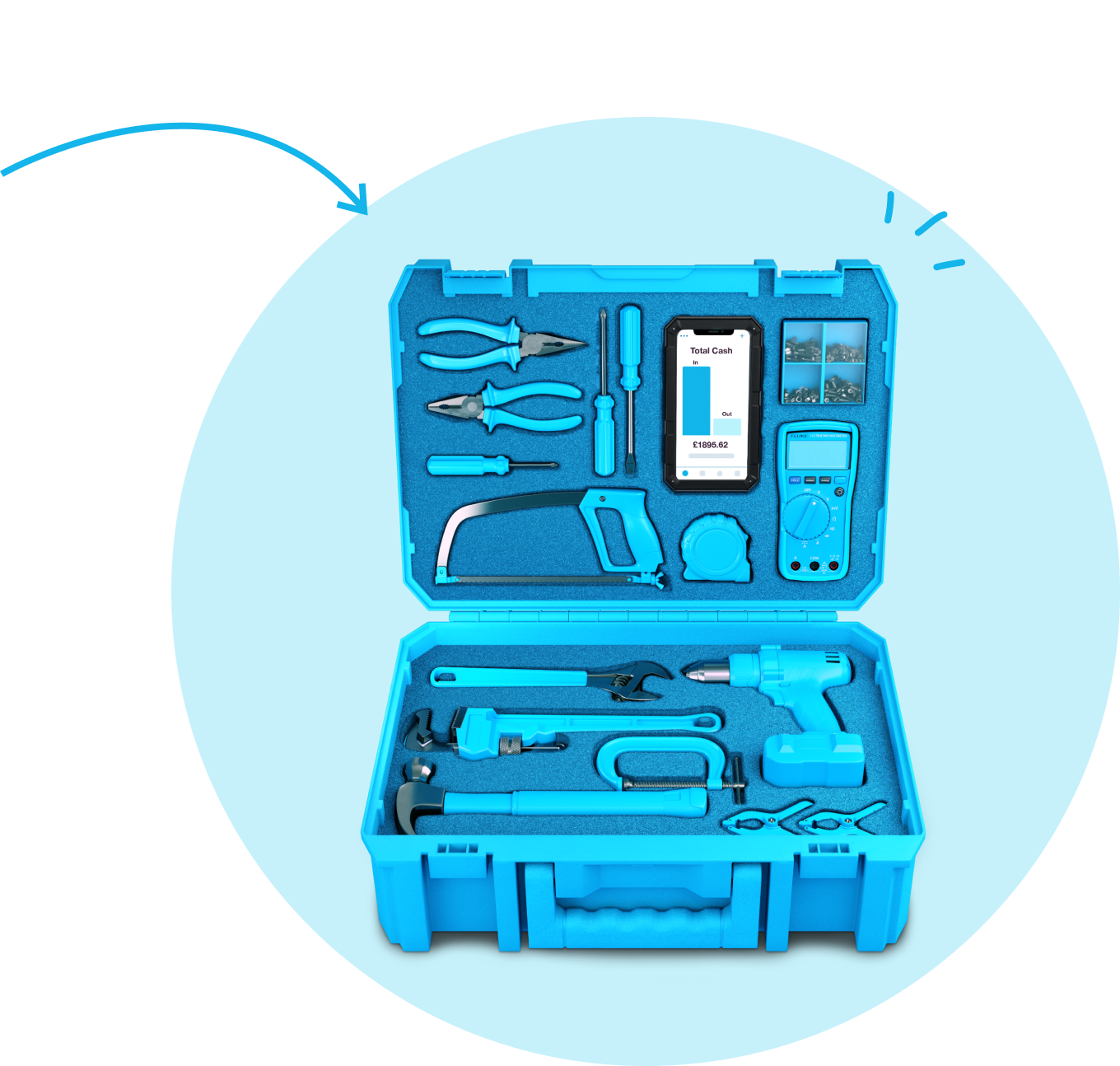 Toolbox filled with tools and a mobile phone with the Xero app open