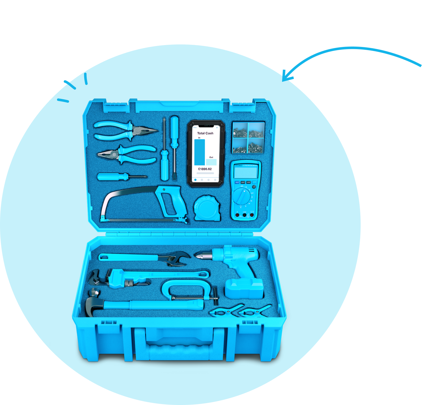 Toolbox filled with tools and a mobile phone with the Xero app open