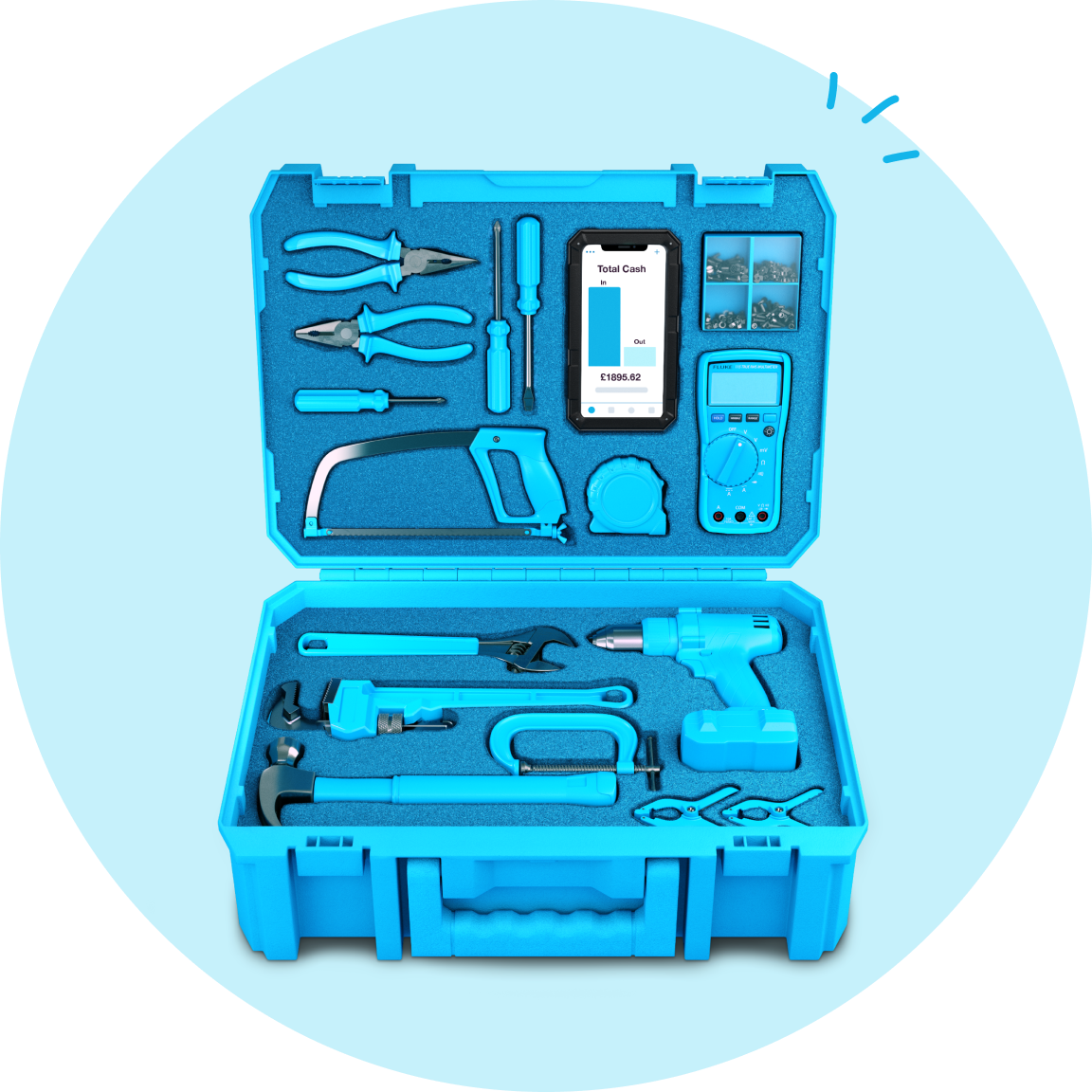 Toolbox filled with tools and a mobile phone with the Xero app open