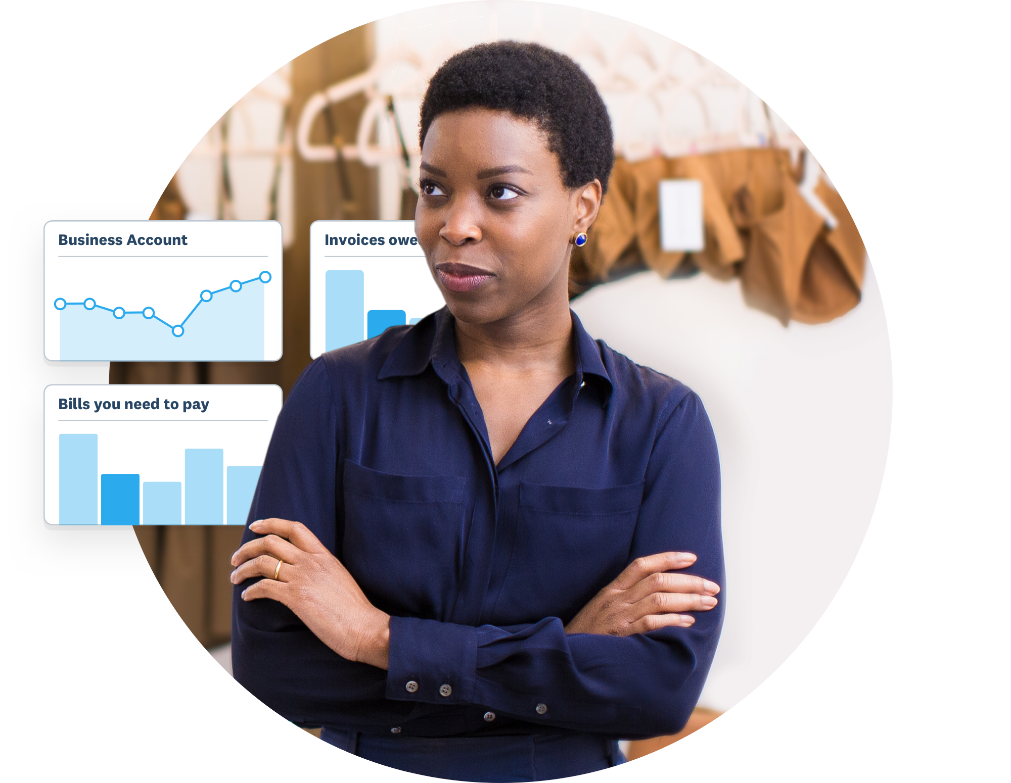 Woman standing with arms crossed. Illustration of Xero dashboard.