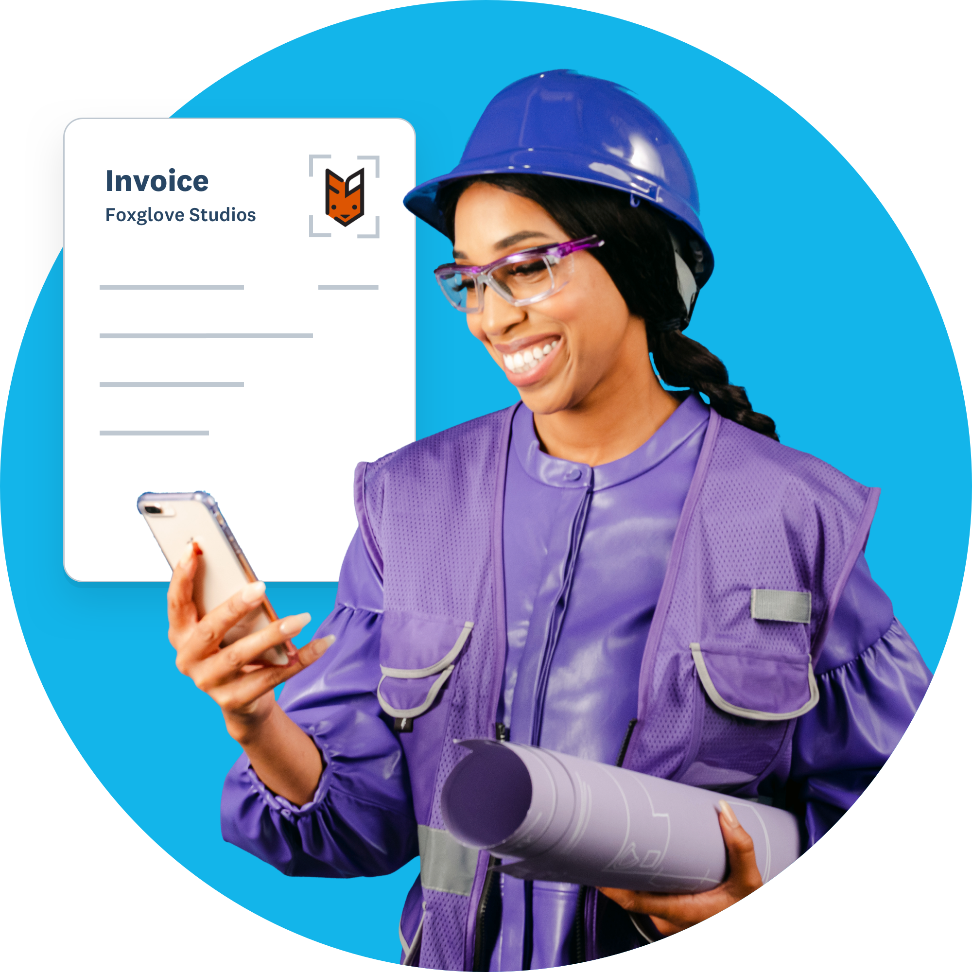 Woman wearing hardhat, safety glasses, construction site vest and holding blueprints while looking at invoice on her phone.