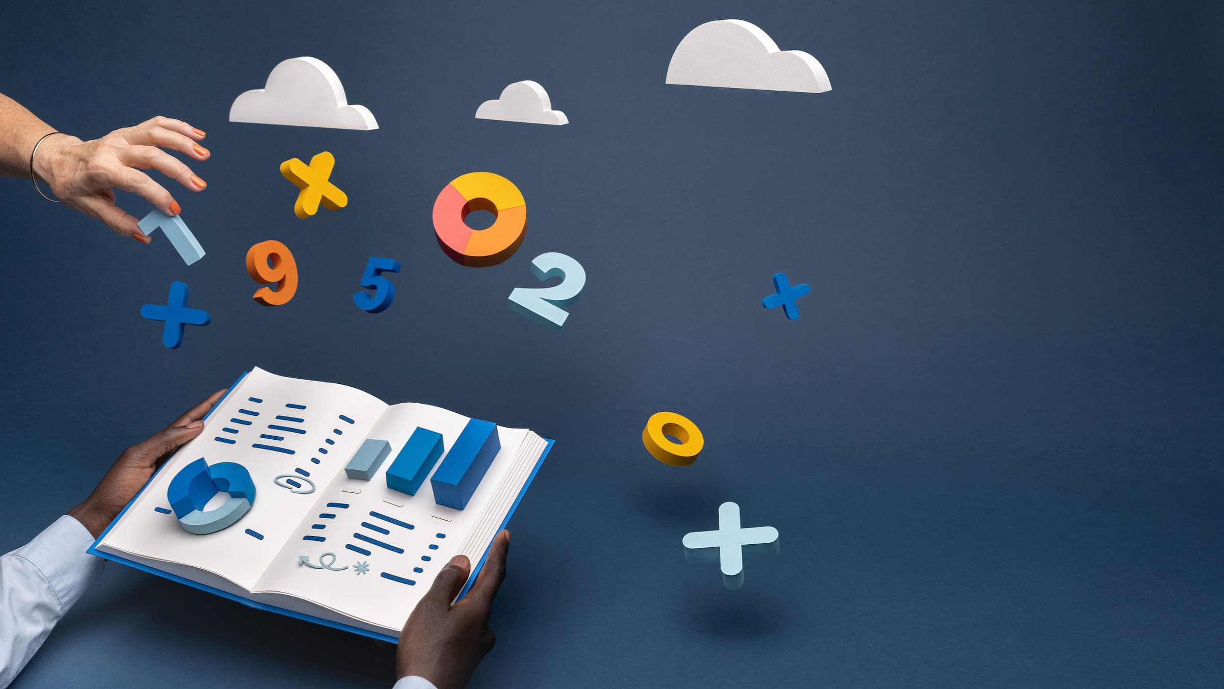 Hands holding an open book with floating graphs and numbers.