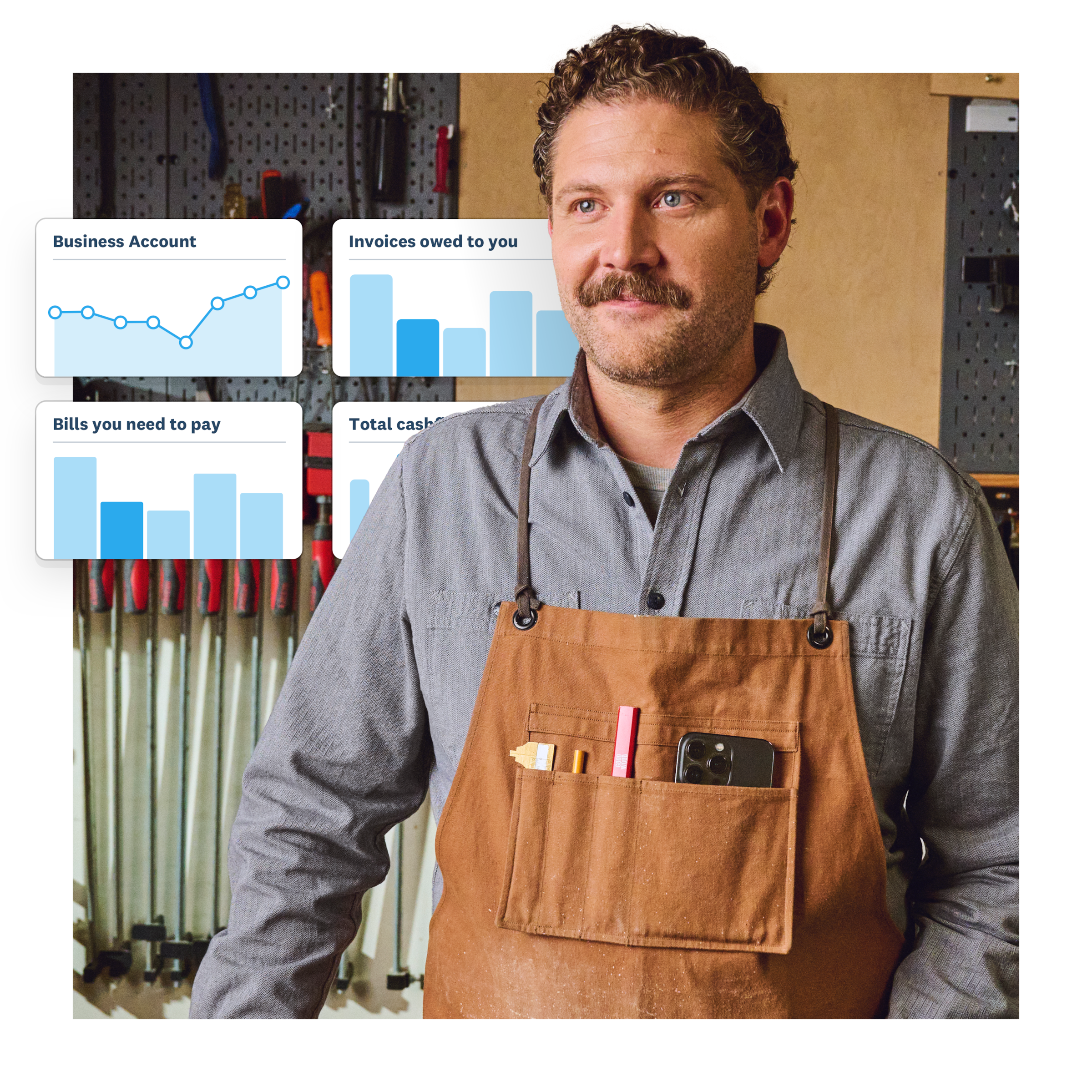 Woman standing with arms crossed. Illustration of Xero dashboard.