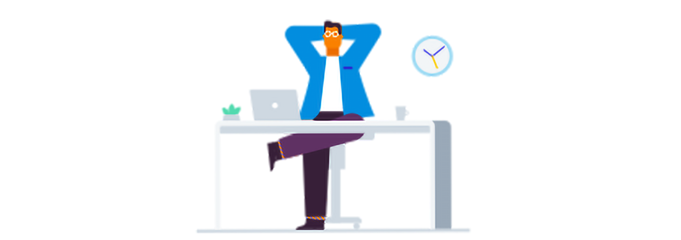 A person at their desk working from a laptop with a clock on the wall behind them.