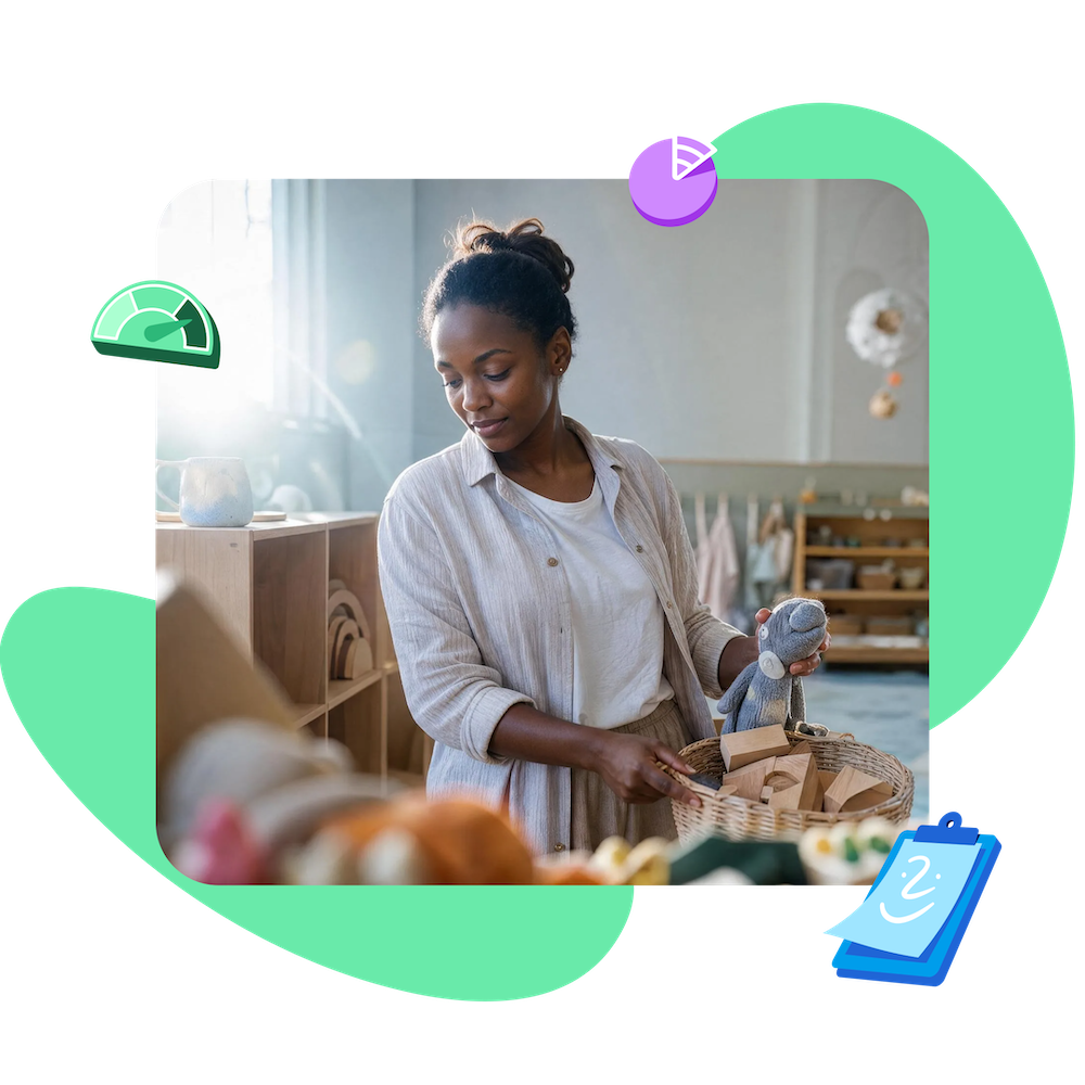 Childcare provider organizing nursery toys as she doesn’t have to worry about tax season