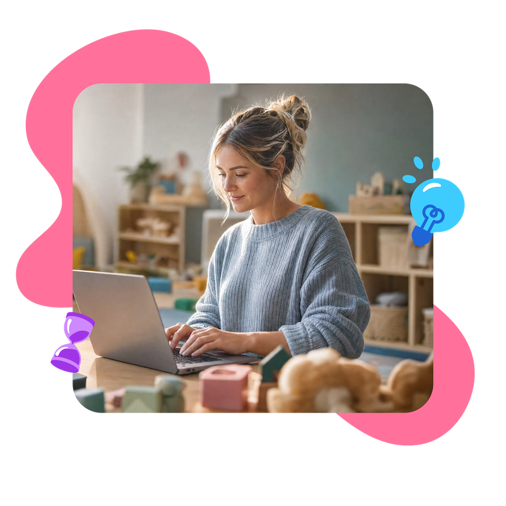Childcare business owner reviewing daycare accounting on a laptop.