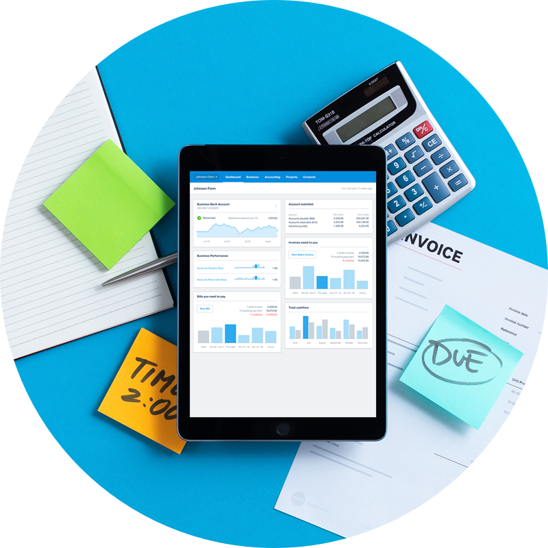 Ipad with Xero's dashboard surrounded by stationary items.
