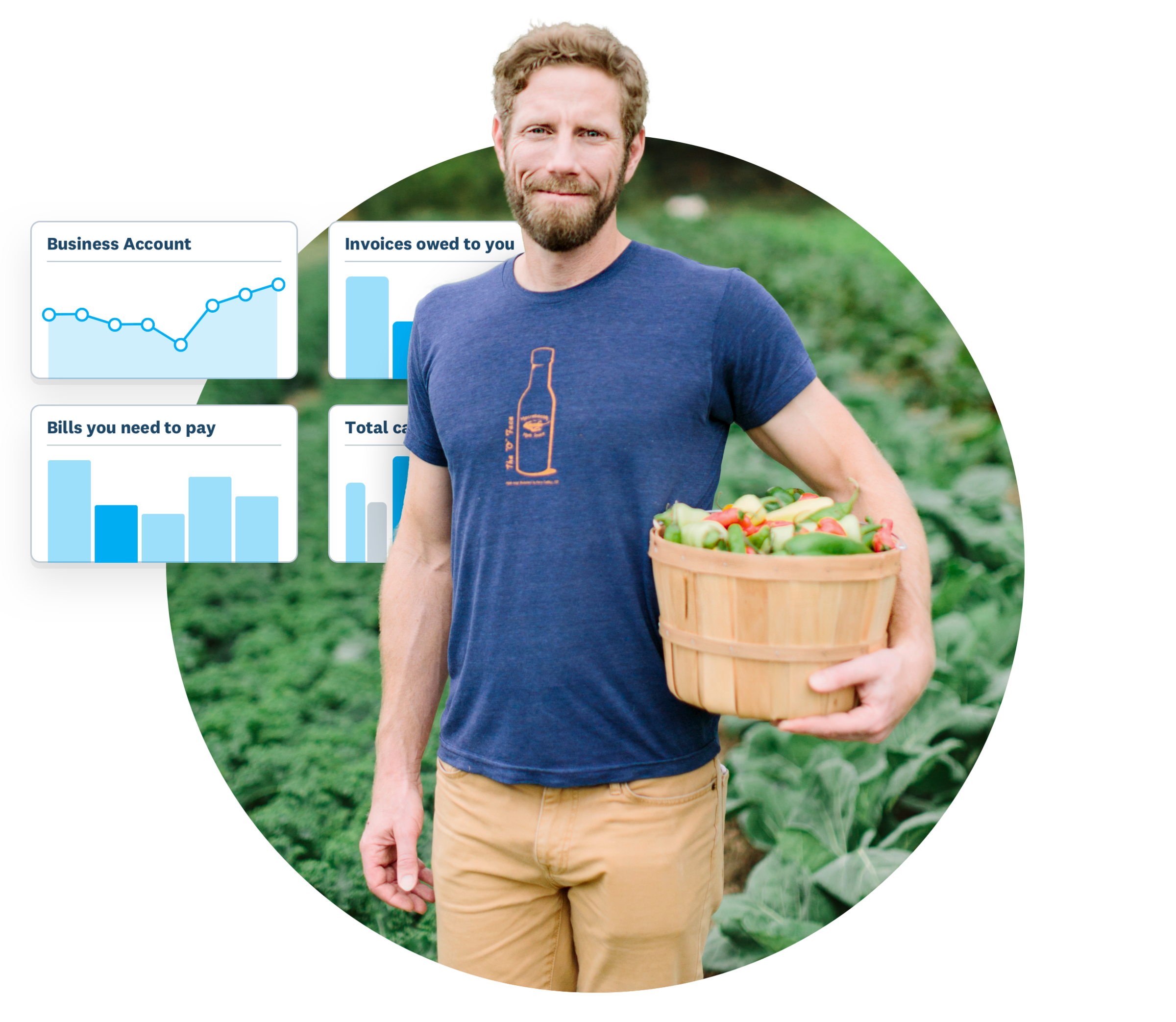 Man holding a basket filled with vegetables, in a field. Behind him we see the Xero dashboard.