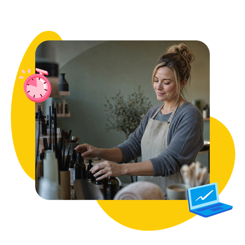 Salon/spa retail area — staff member arranging retail products on a shelf