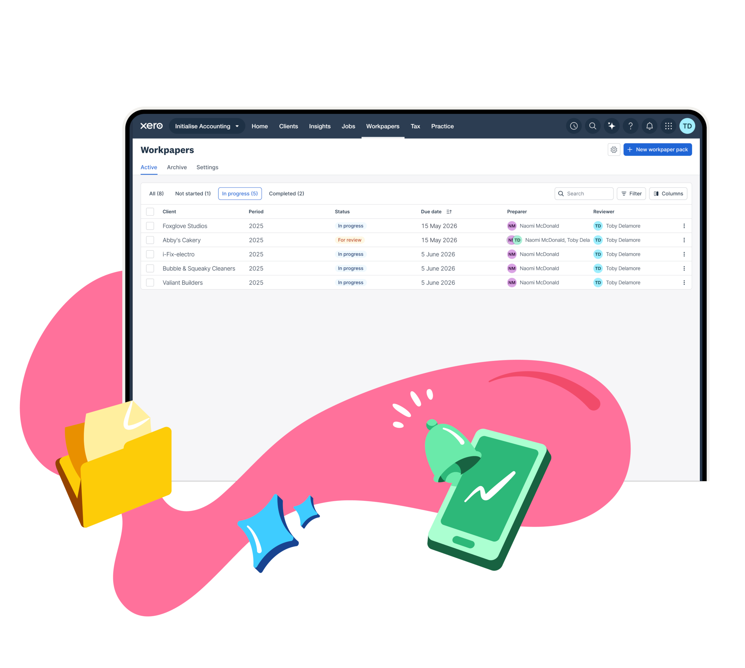 Xero Workpapers dashboard listing active client workpaper packs with status and due dates