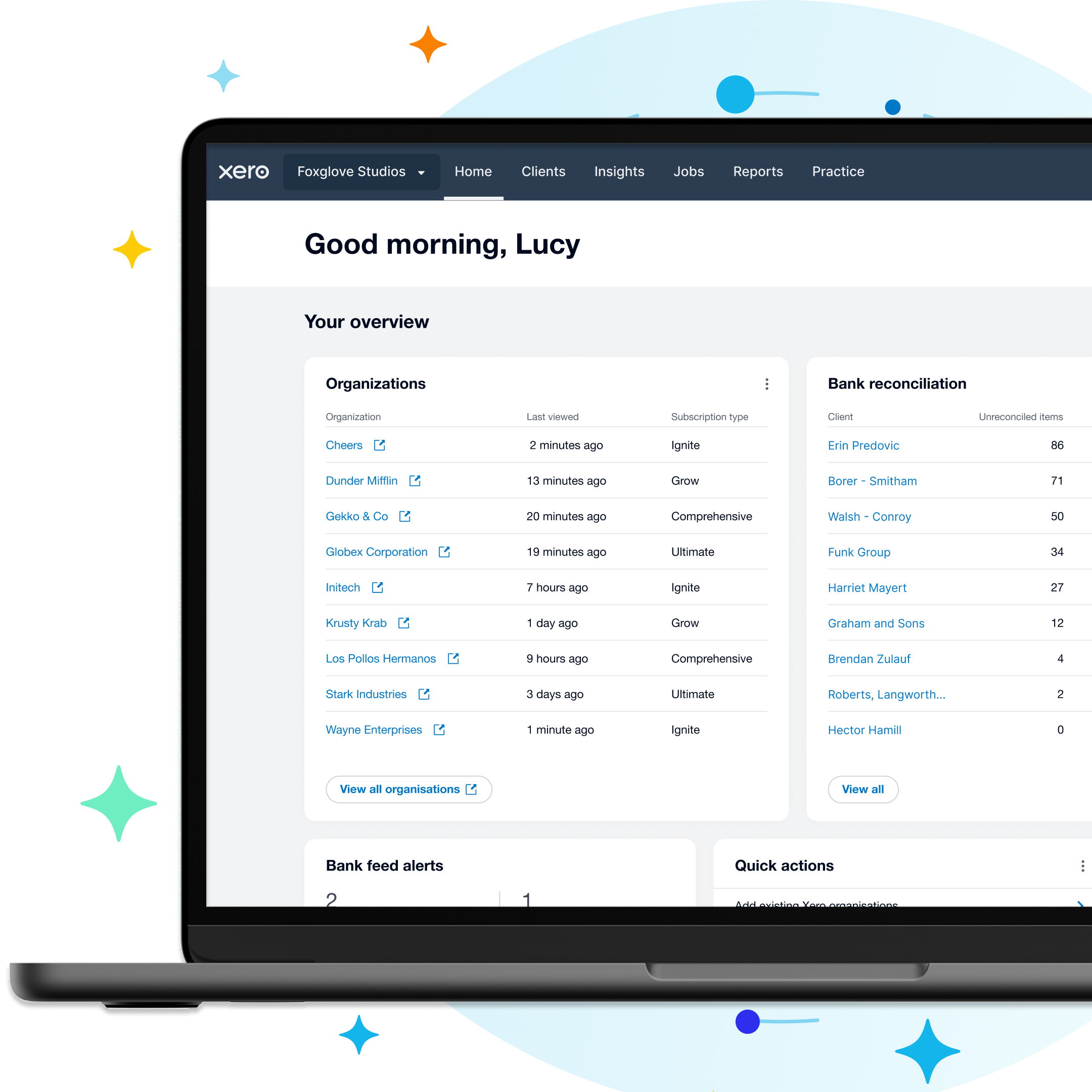 Stylized UI screenshot of Xero Partner Hub homepage with widgets