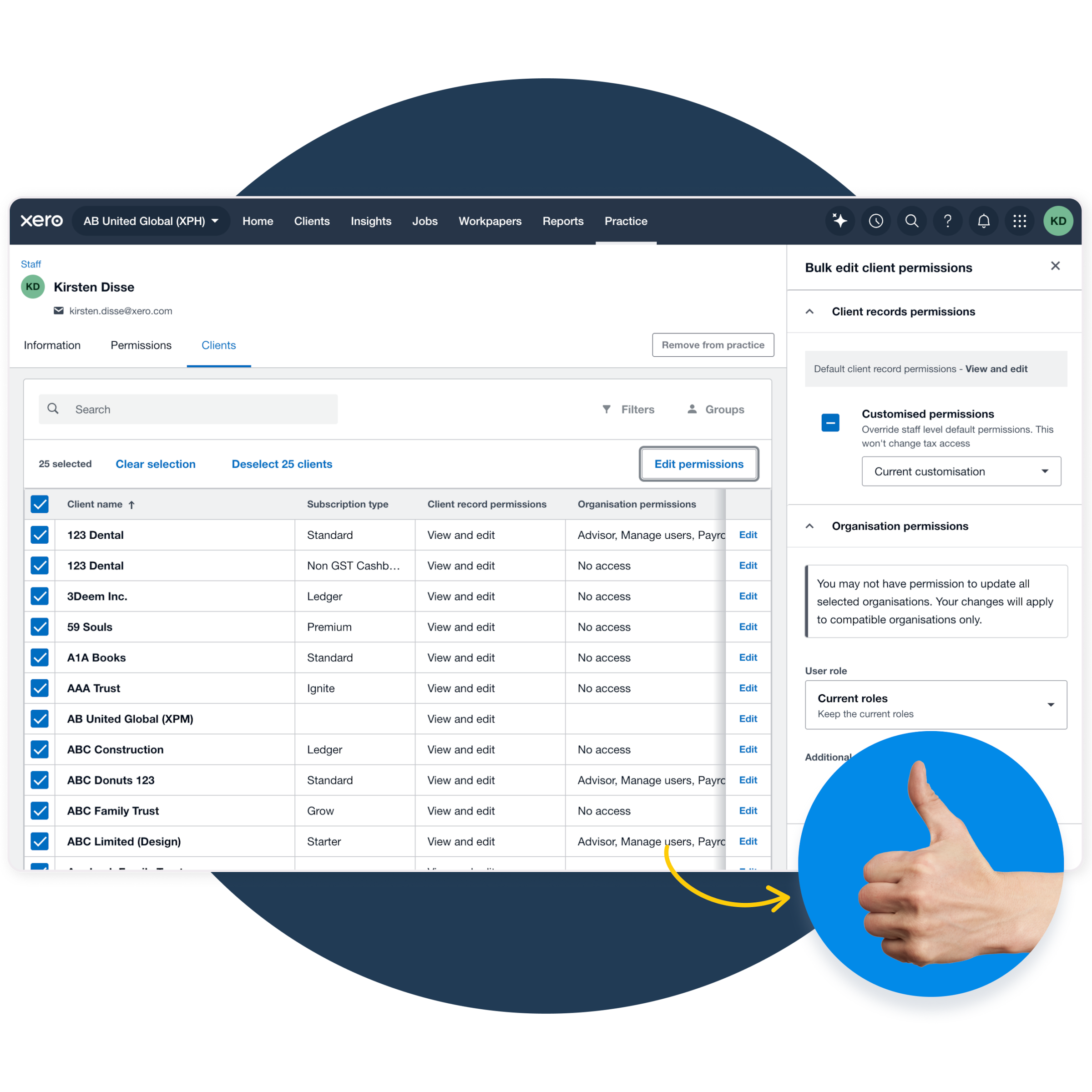 Xero Practice Manager bulk editing client permissions for multiple clients.