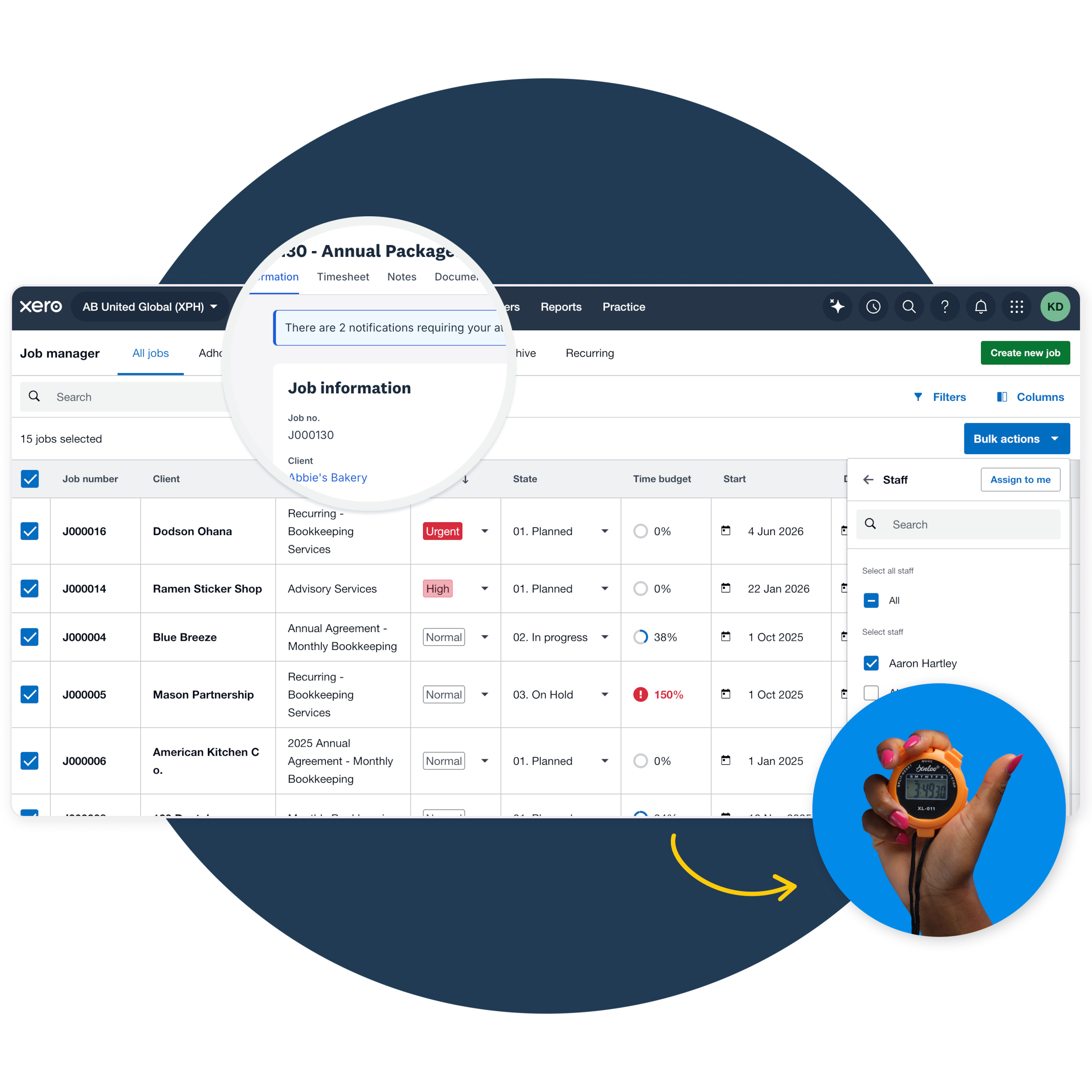 Xero Practice Manager bulk assigning jobs across multiple clients.