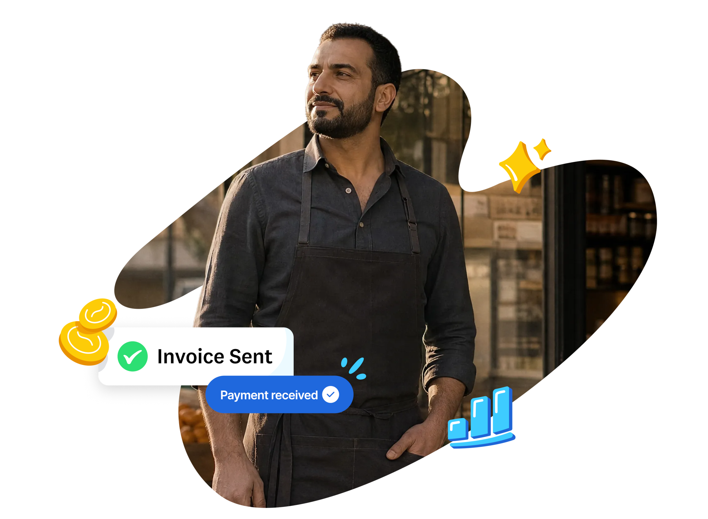 Smiling small business owner with "Invoice Sent" and "Payment received" notifications in Xero