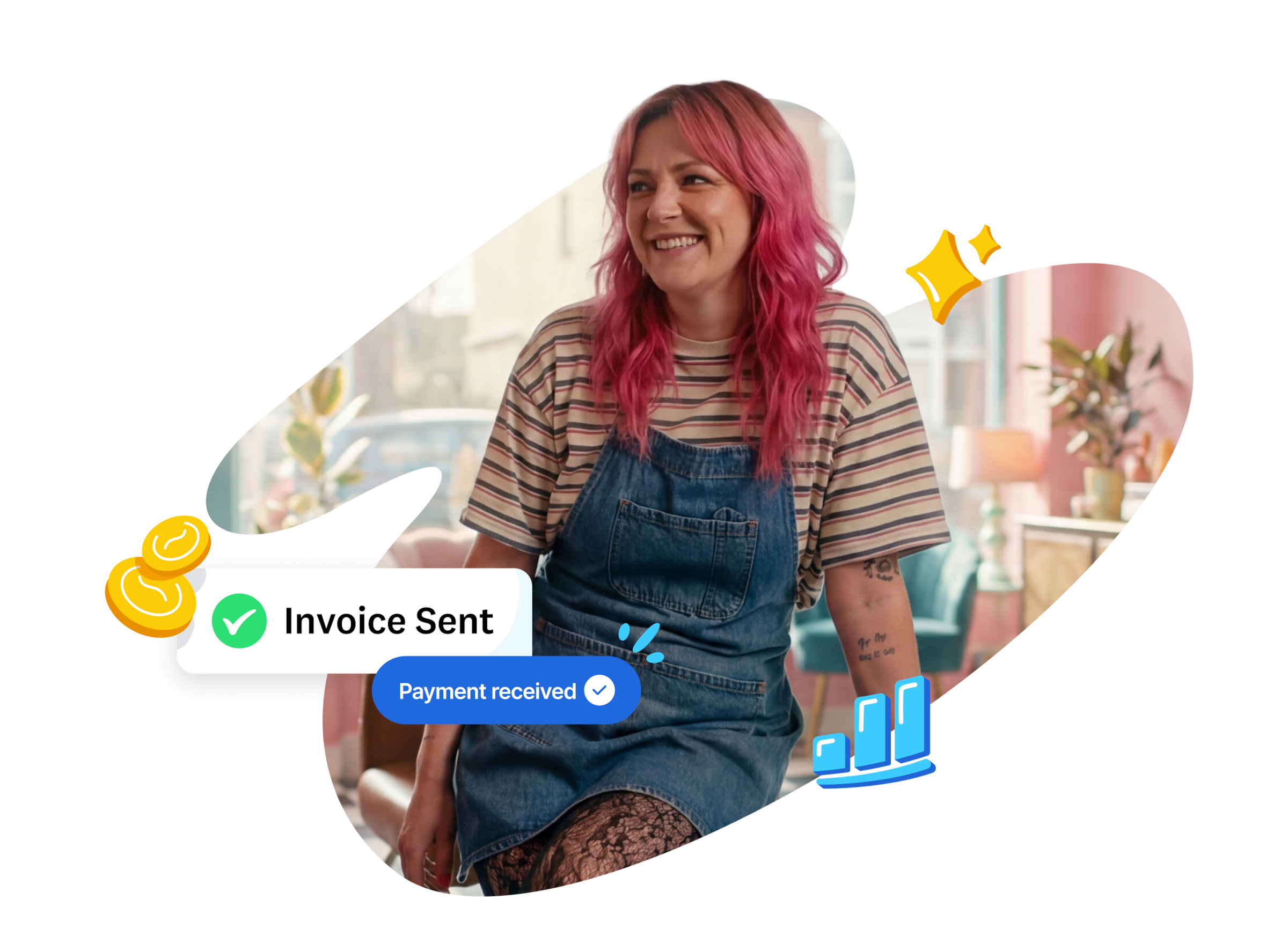 Smiling small business owner with "Invoice Sent" and "Payment received" notifications in Xero
