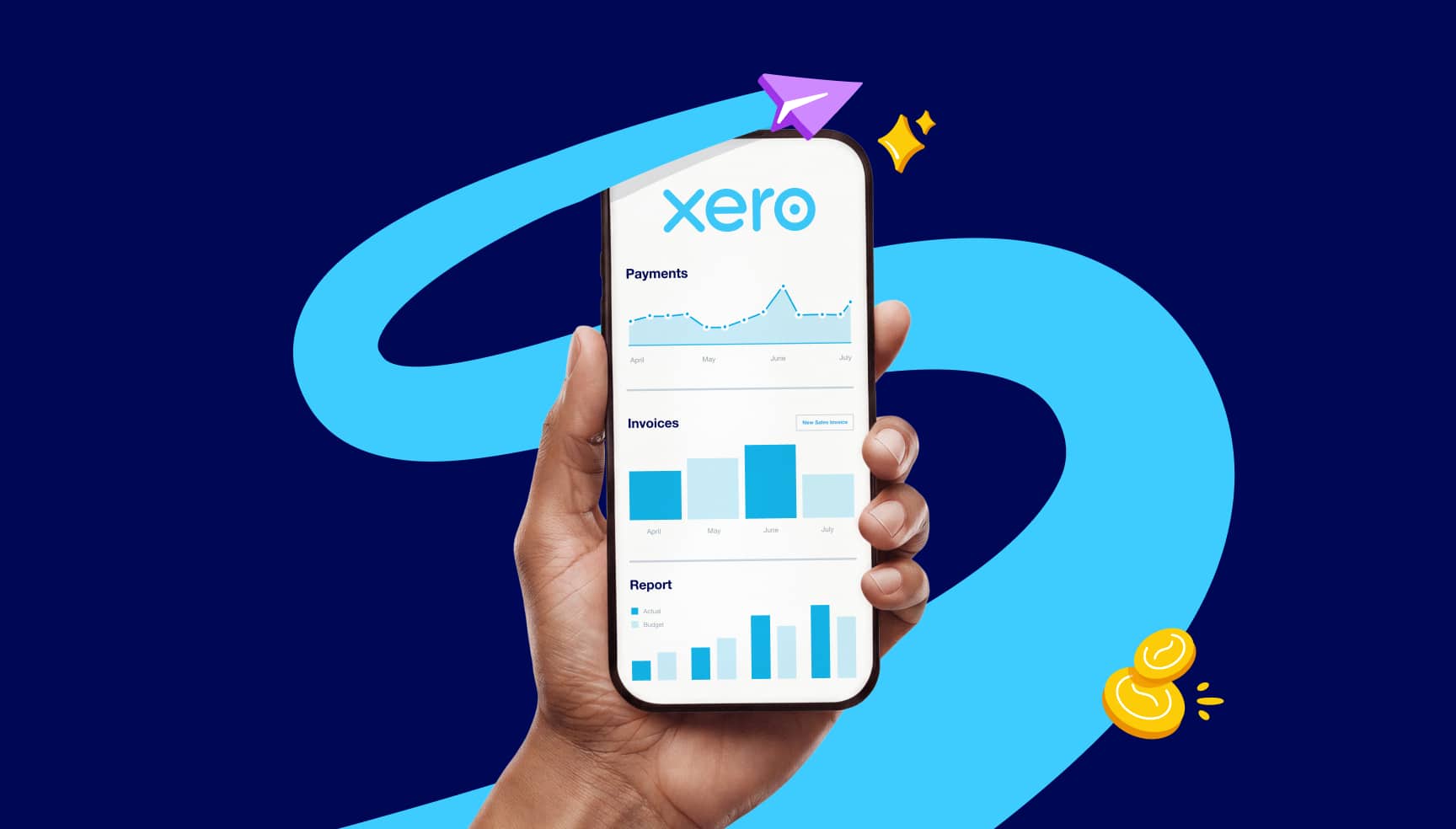 Xero Features on mobile showing payments, invoices and reports