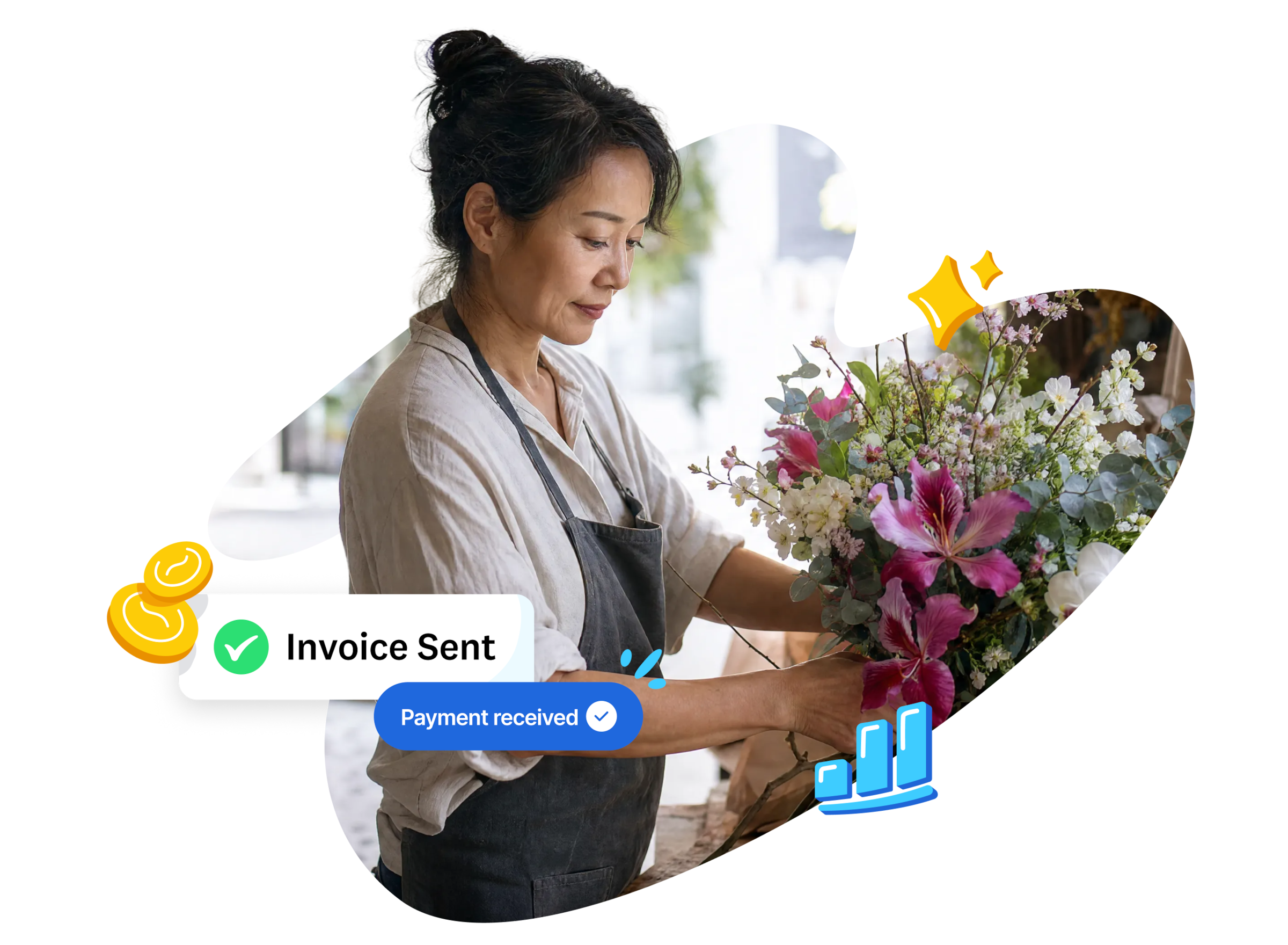 Smiling small business owner with "Invoice Sent" and "Payment received" notifications in Xero