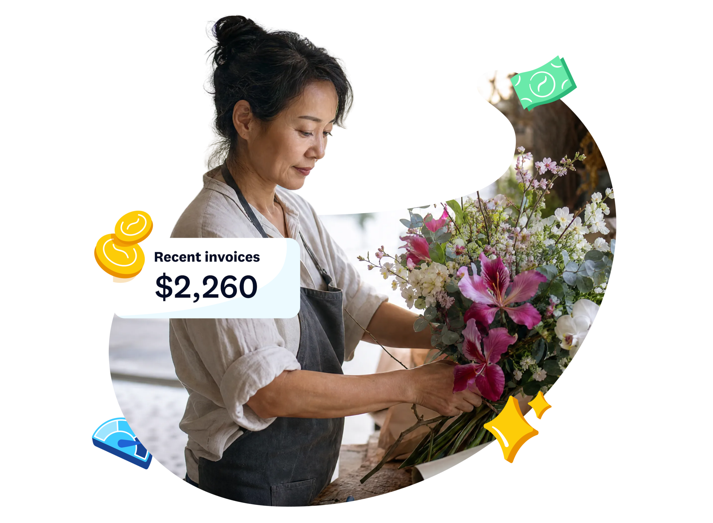 Small business owner, with Xero invoice and payment overlay