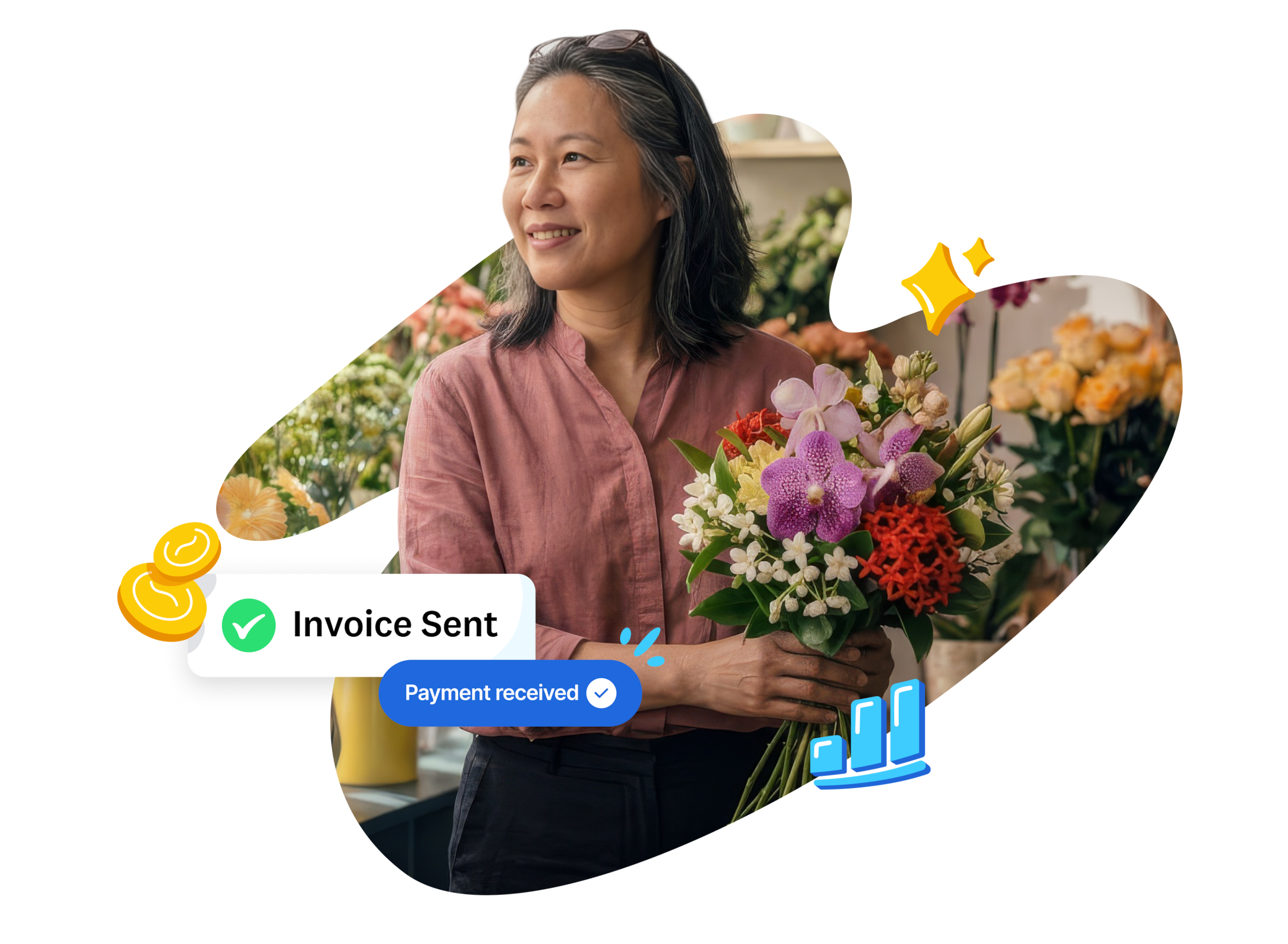 Smiling small business owner with "Invoice Sent" and "Payment received" notifications in Xero