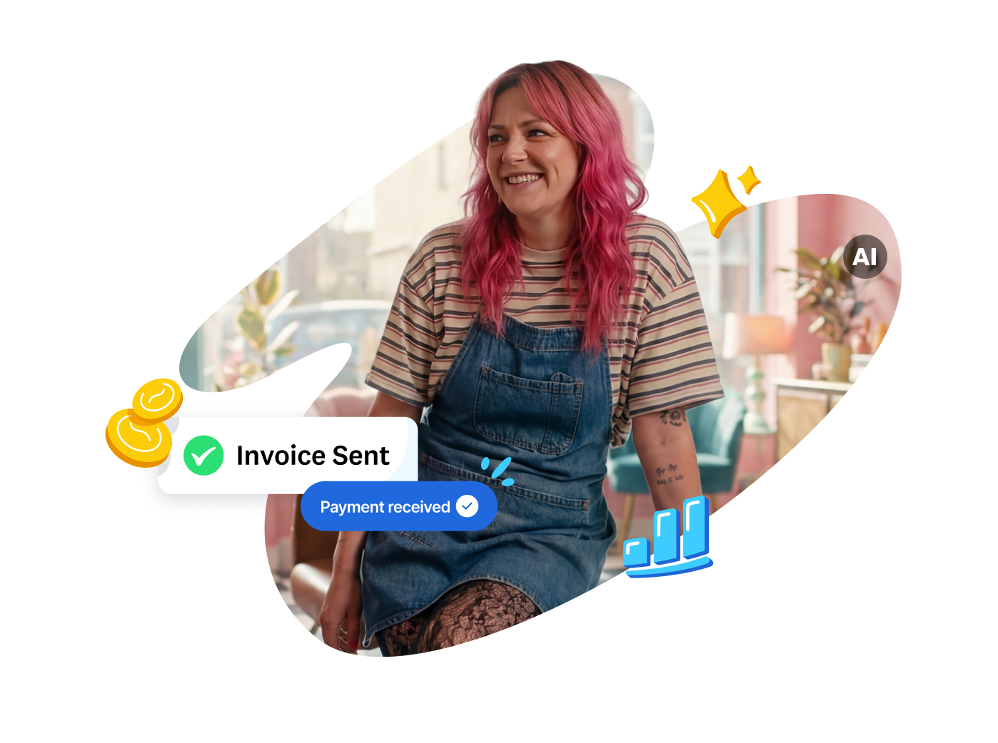 Smiling small business owner with "Invoice Sent" and "Payment received" notifications in Xero