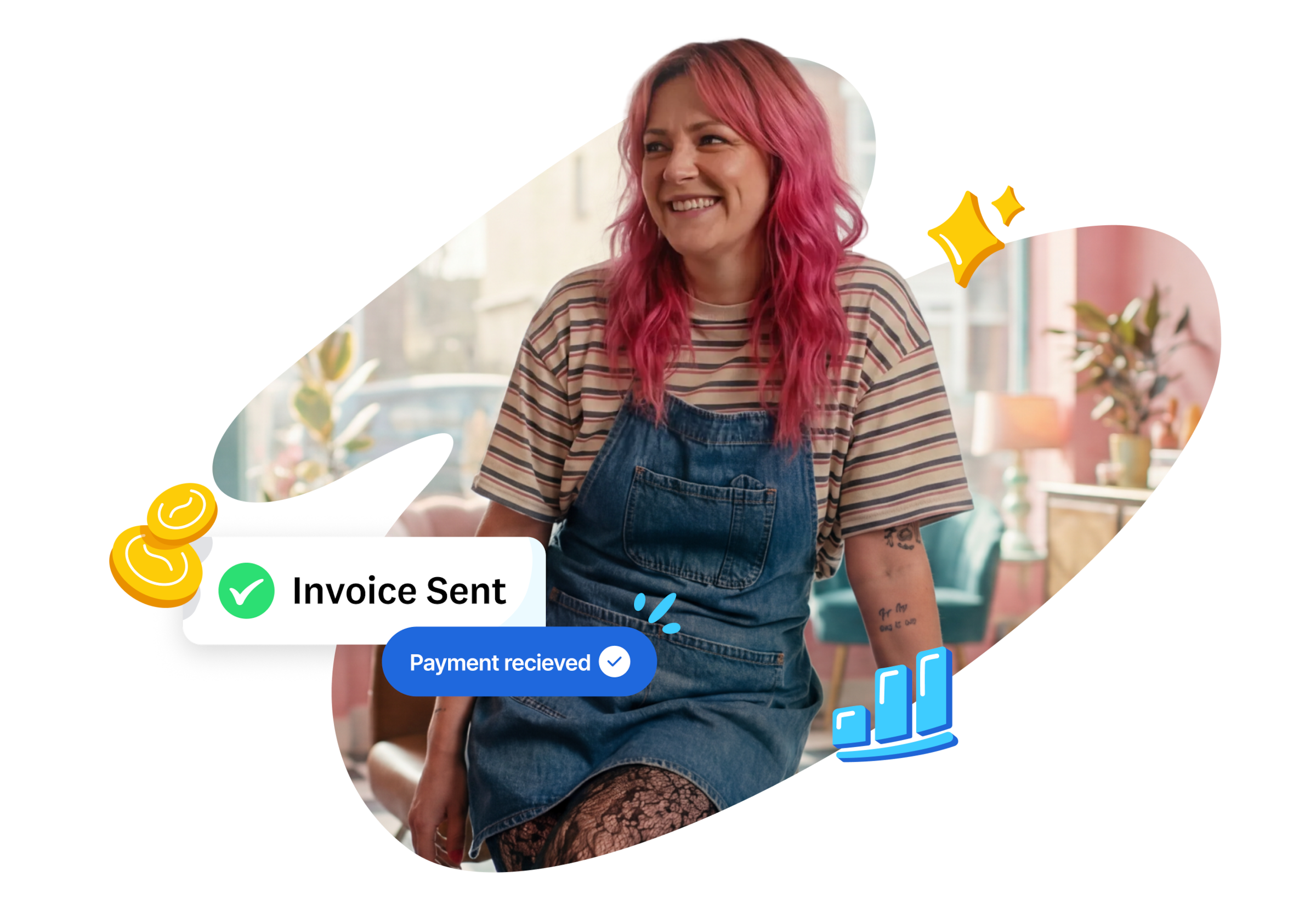 Smiling small business owner with "Invoice Sent" and "Payment received" notifications in Xero