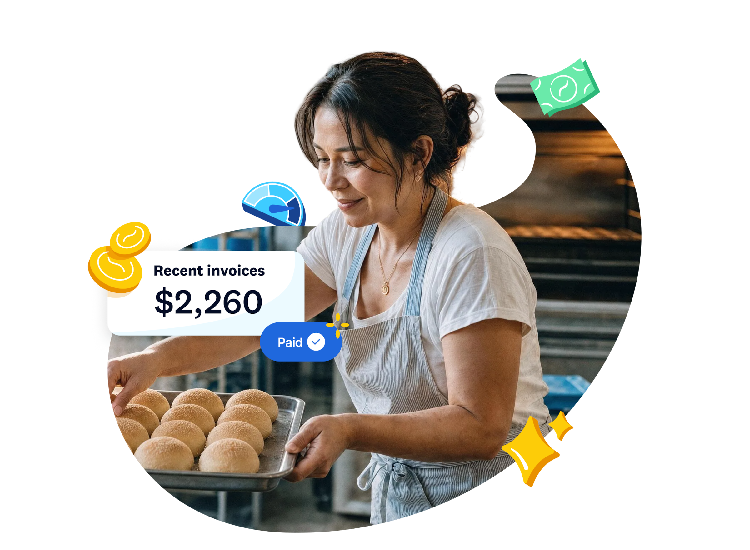 Small business owner, with Xero invoice and payment overlay