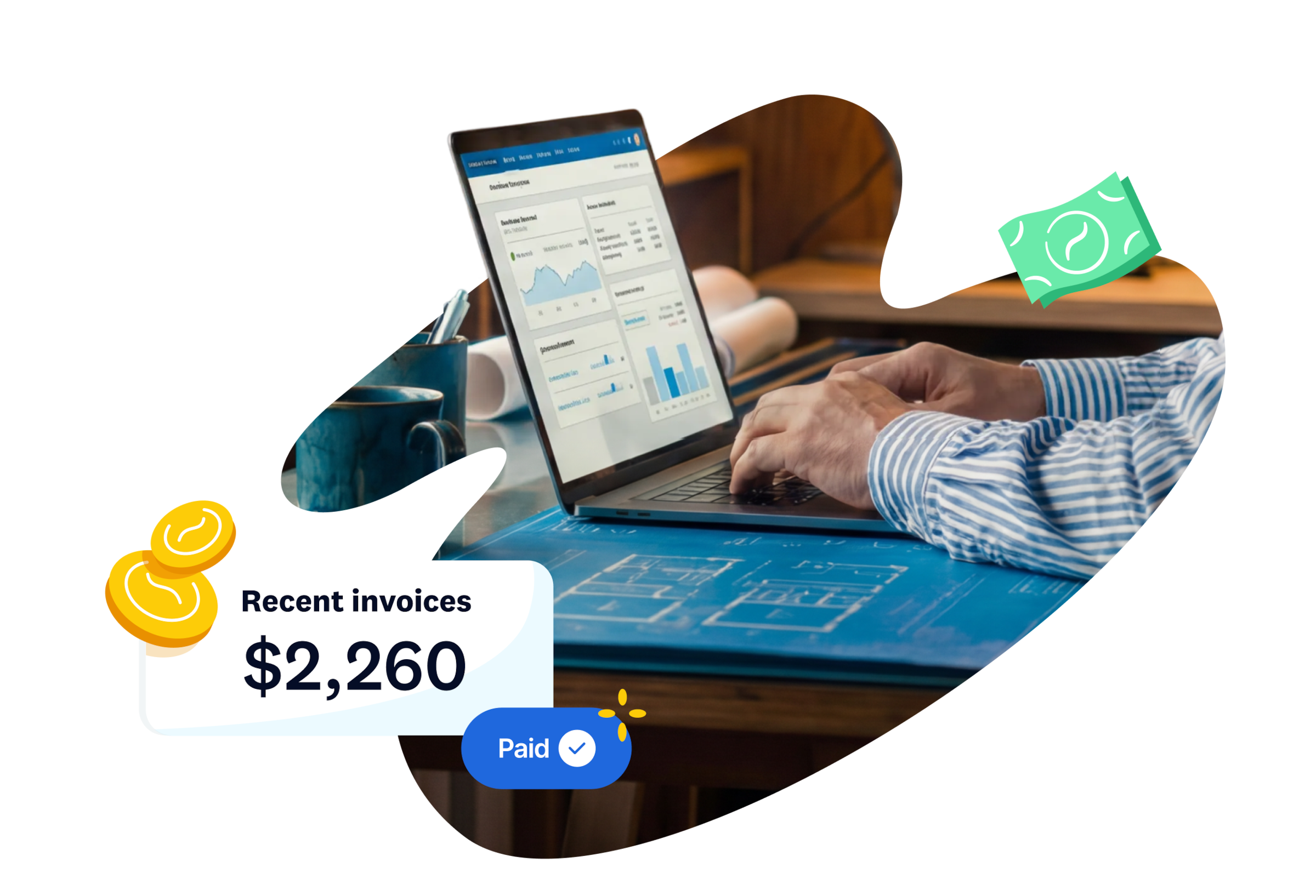 Person using Xero accounting software on a laptop, with a paid invoice for $2,260 shown alongside coin and cash icons