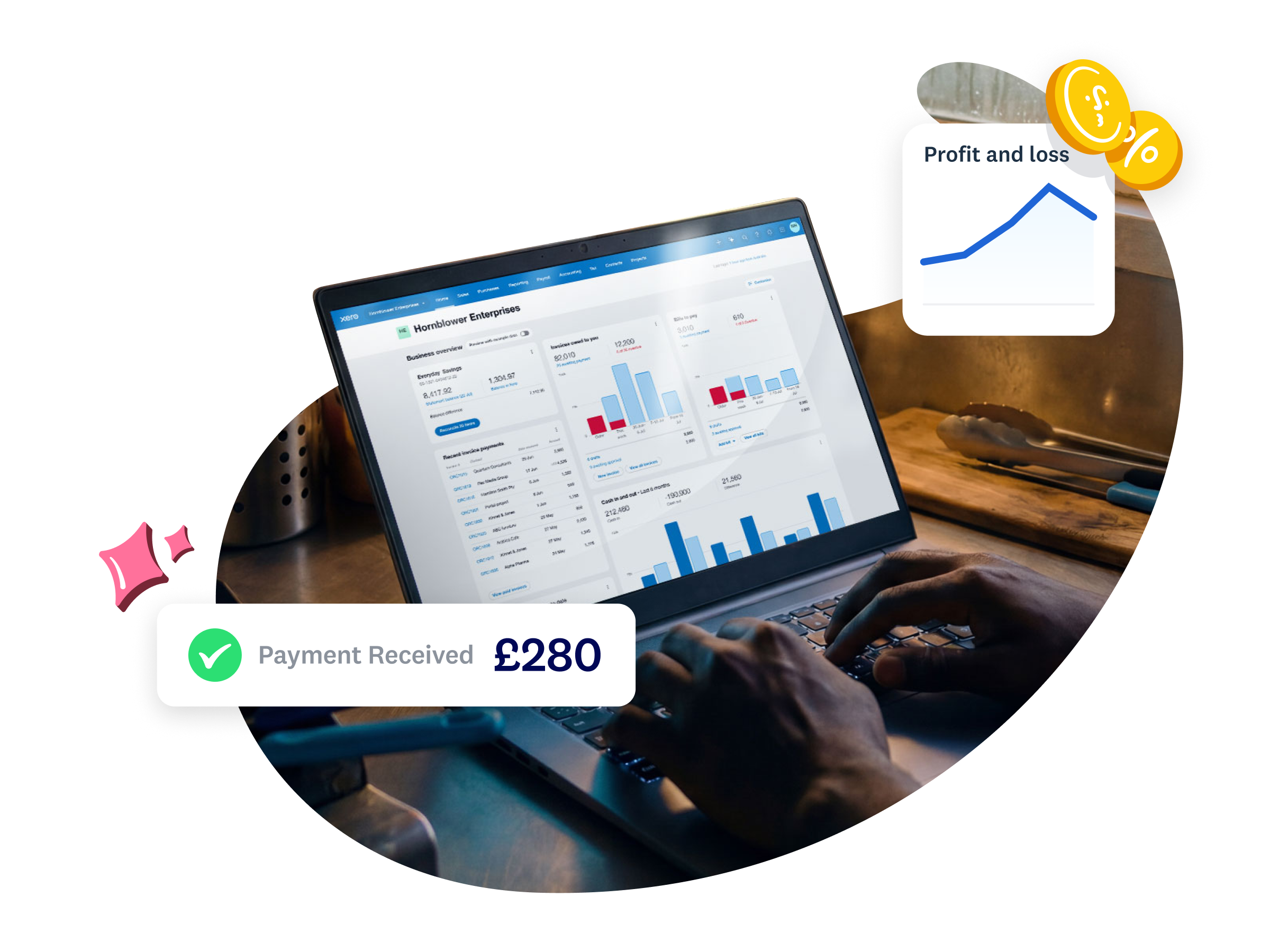Laptop showing the Xero business dashboard with a "Payment Received $280" notification and profit and loss chart