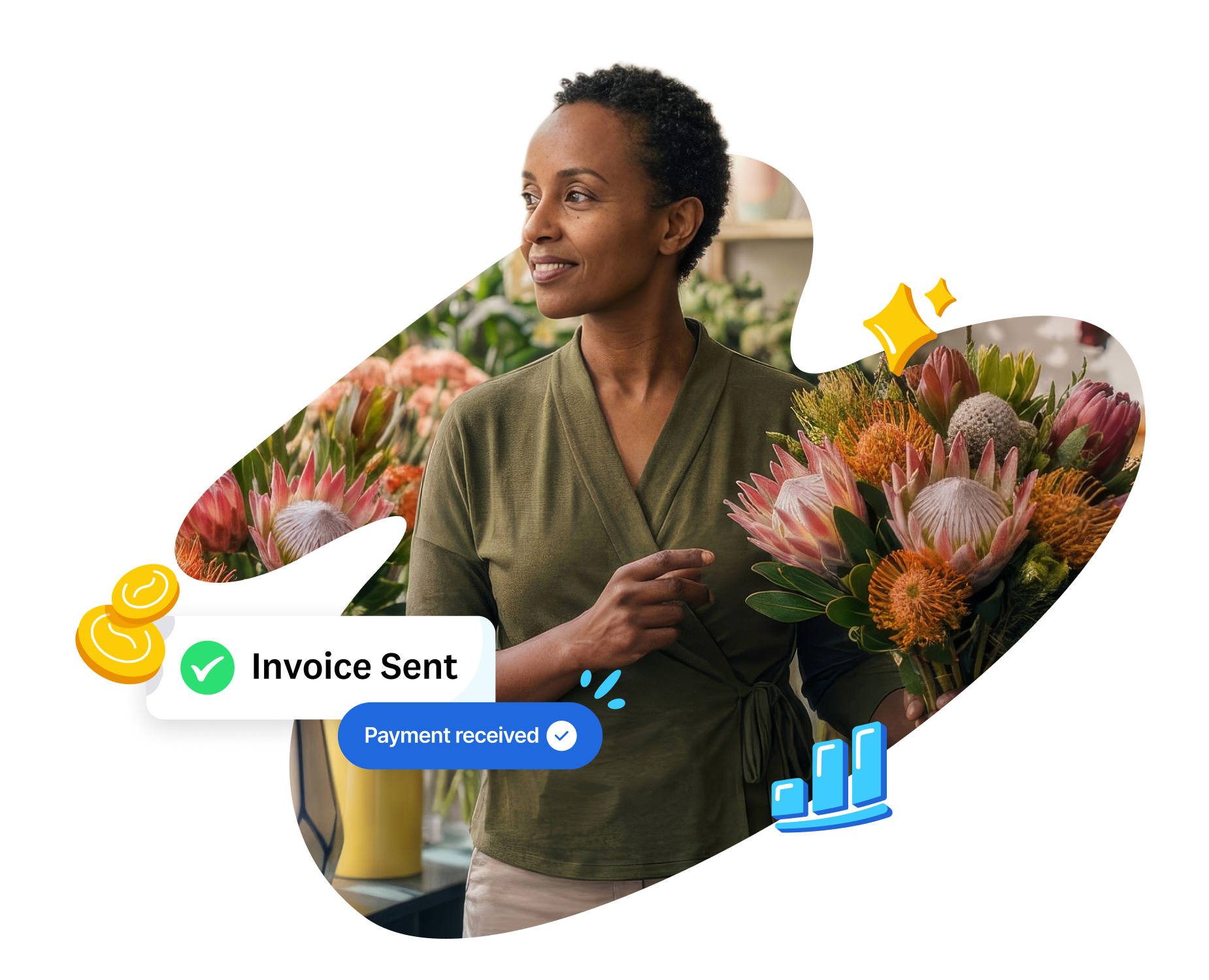Smiling small business owner with "Invoice Sent" and "Payment received" notifications in Xero