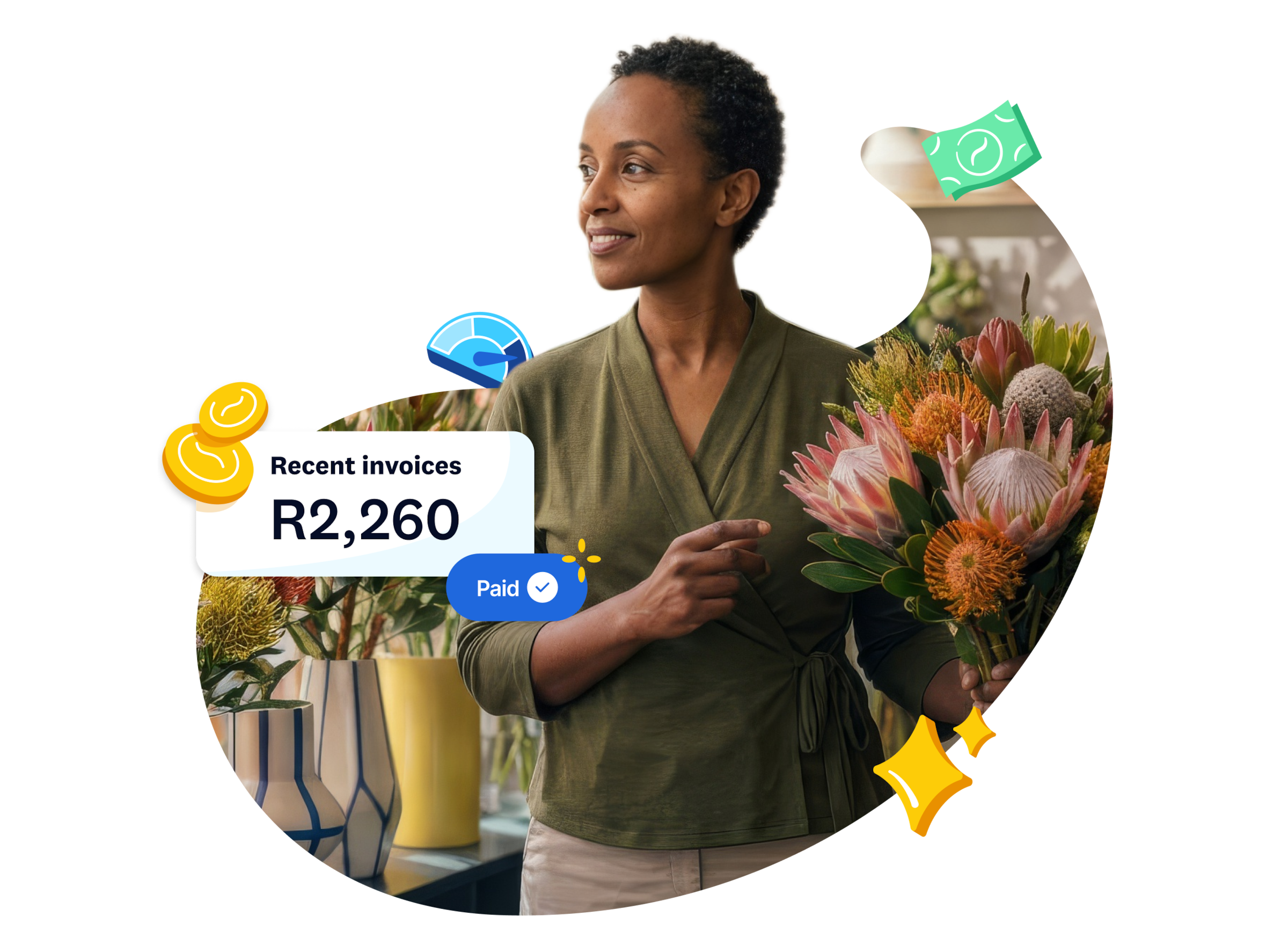 Woman florist holding a bouquet, with a Xero invoice card overlaid on the image