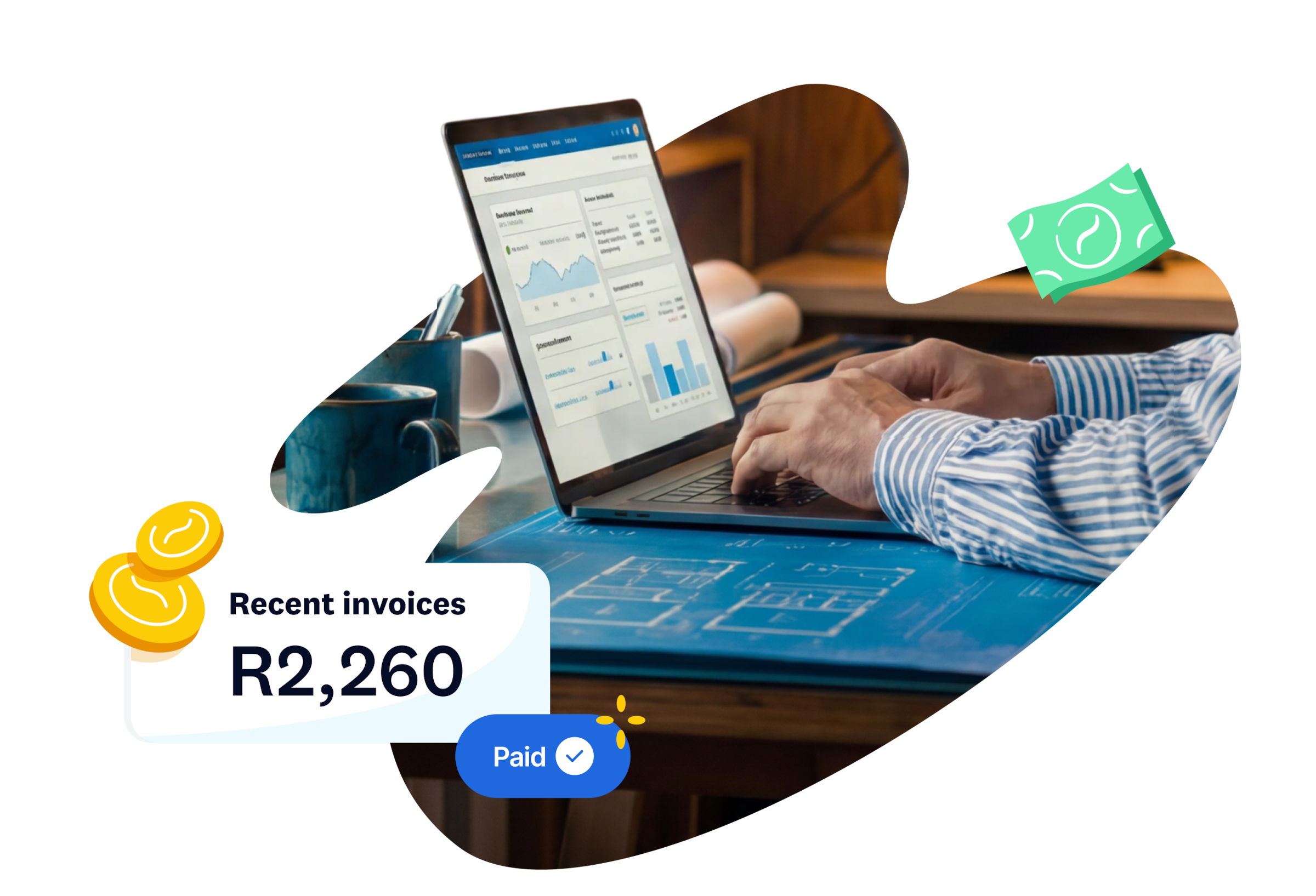 Person using Xero accounting software on a laptop, with a paid invoice for $2,260 shown alongside coin and cash icons