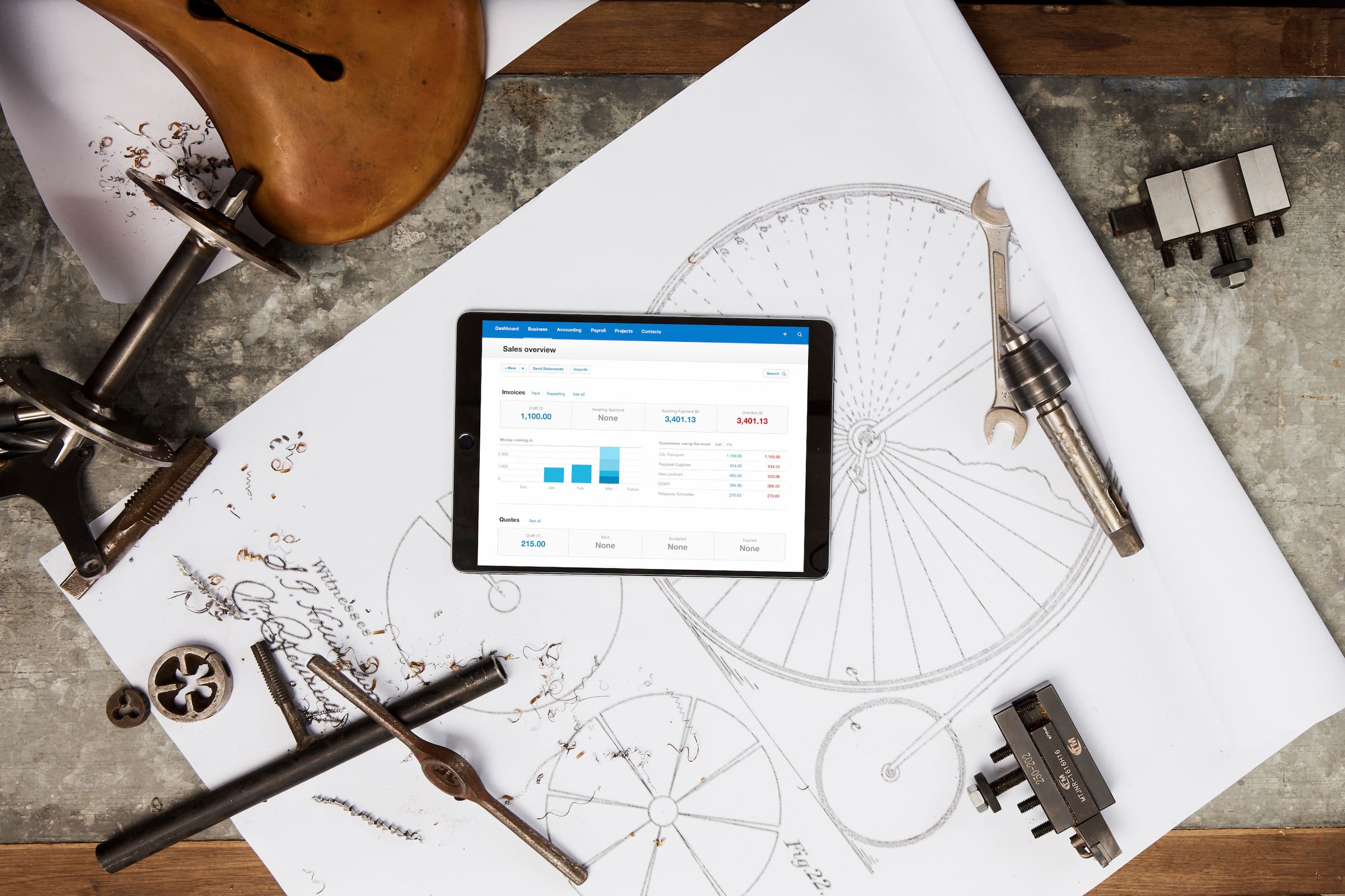 An ipad with Xero Sales overview on its screen, sits on a table on top of bicycle drawing plans.