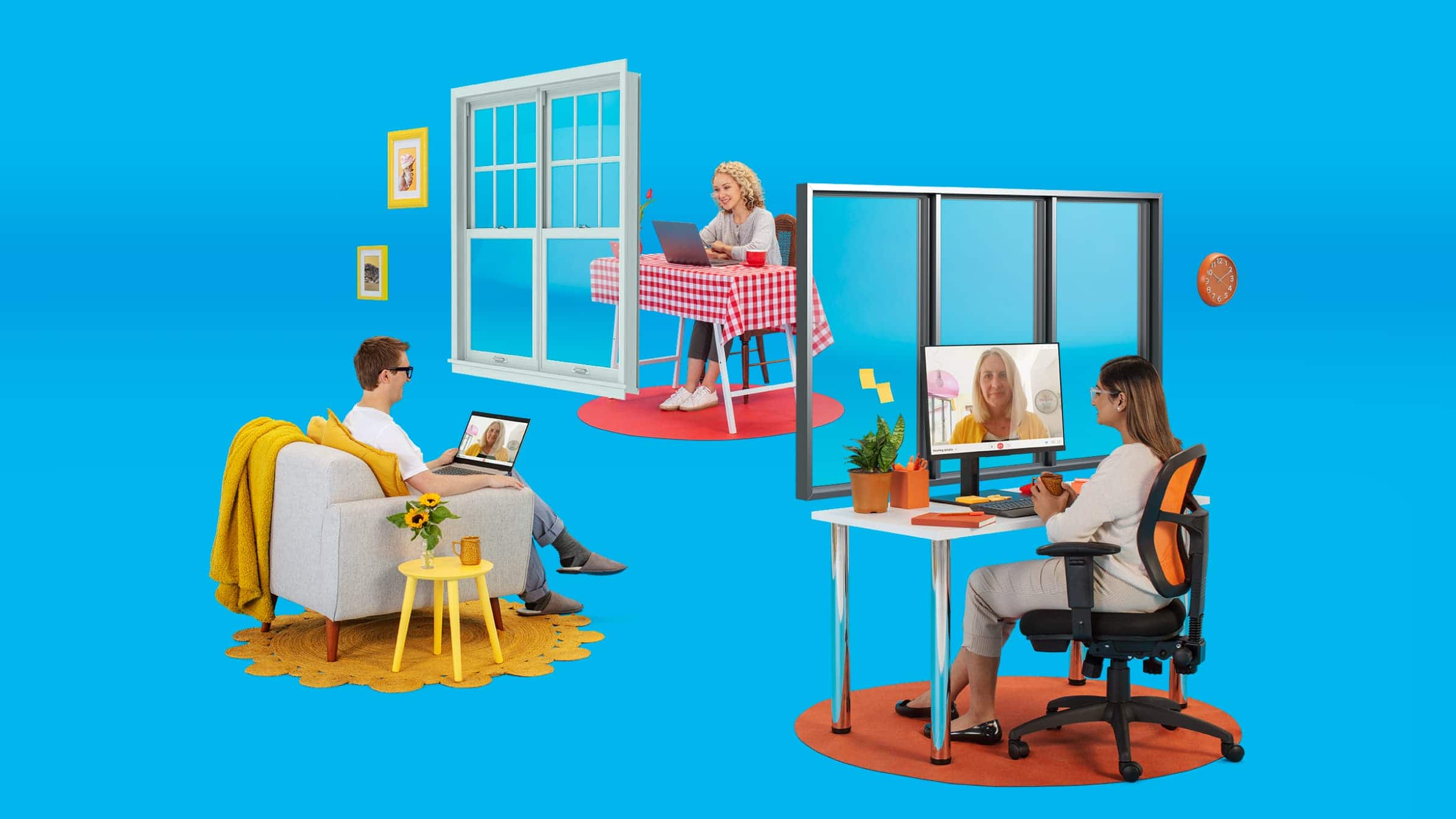 Three scenes on blue background of people working at computers; one at a desk, one at a dining table, one in an armchair.