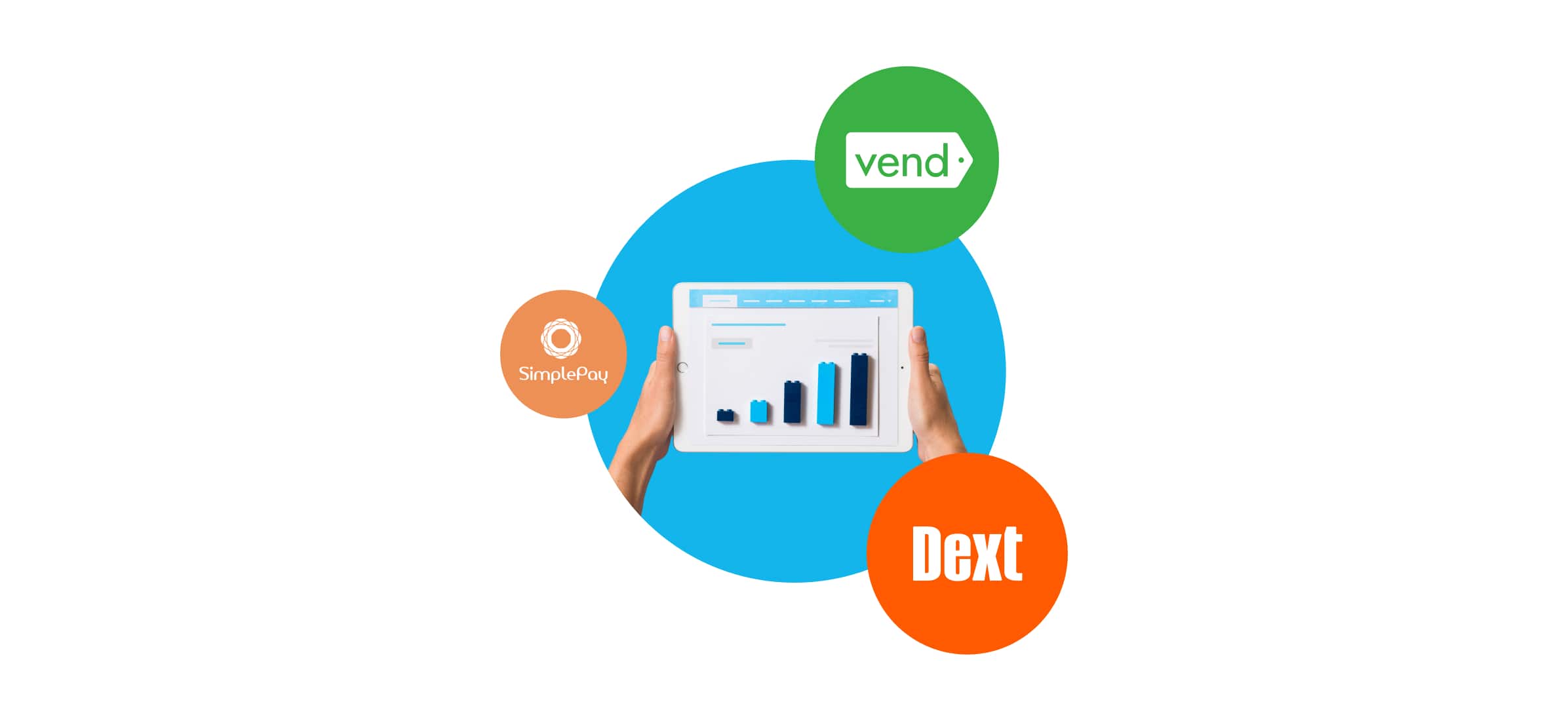 Hands holding a device with a bar graph, surrounded by three logos of Vend, Dext and SimplePay.