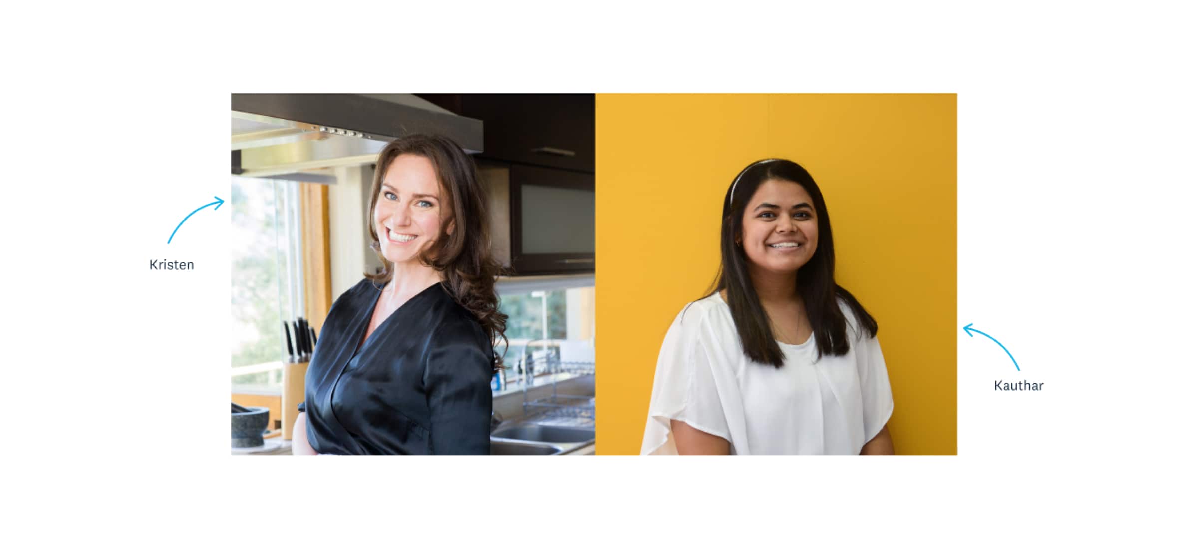 Kristen standing in a kitchen smiling to camera, and a separate picture accountant Kauthar against a yellow background.