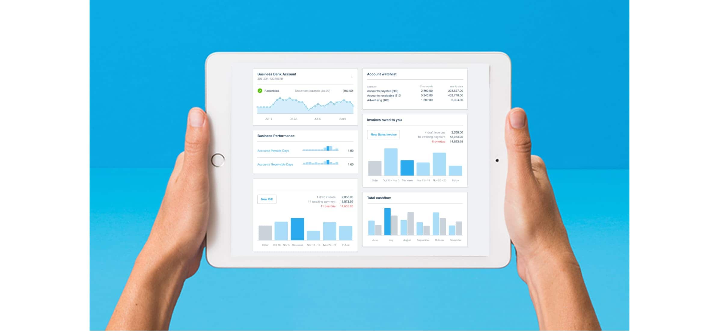 Hands holding a tablet with business bank account graphs and data. 