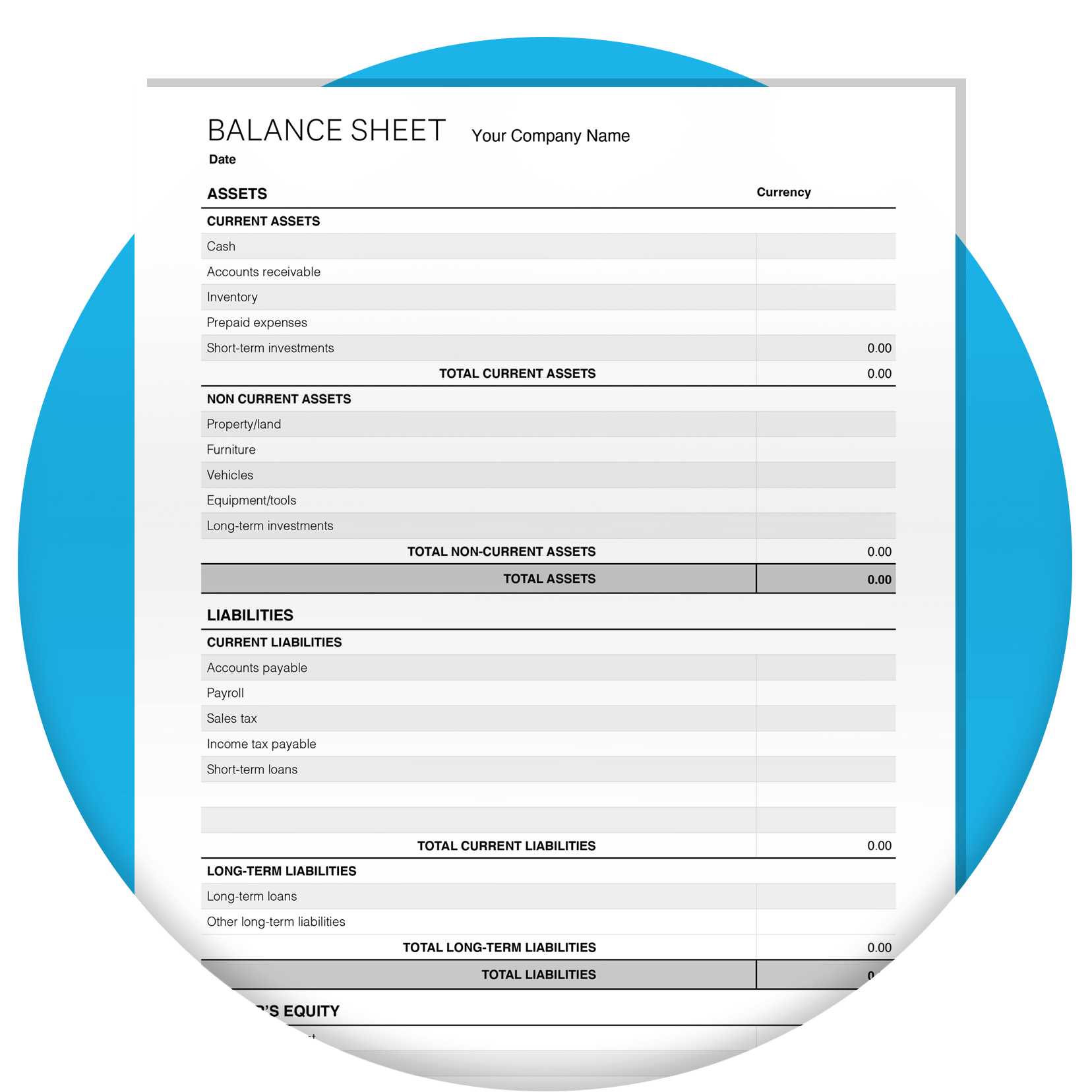 Balance sheet template with blank fields for users to fill out.