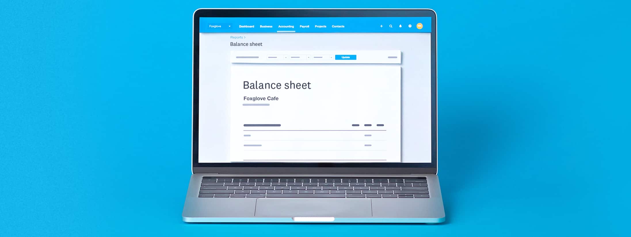 Laptop with balance sheet form on screen