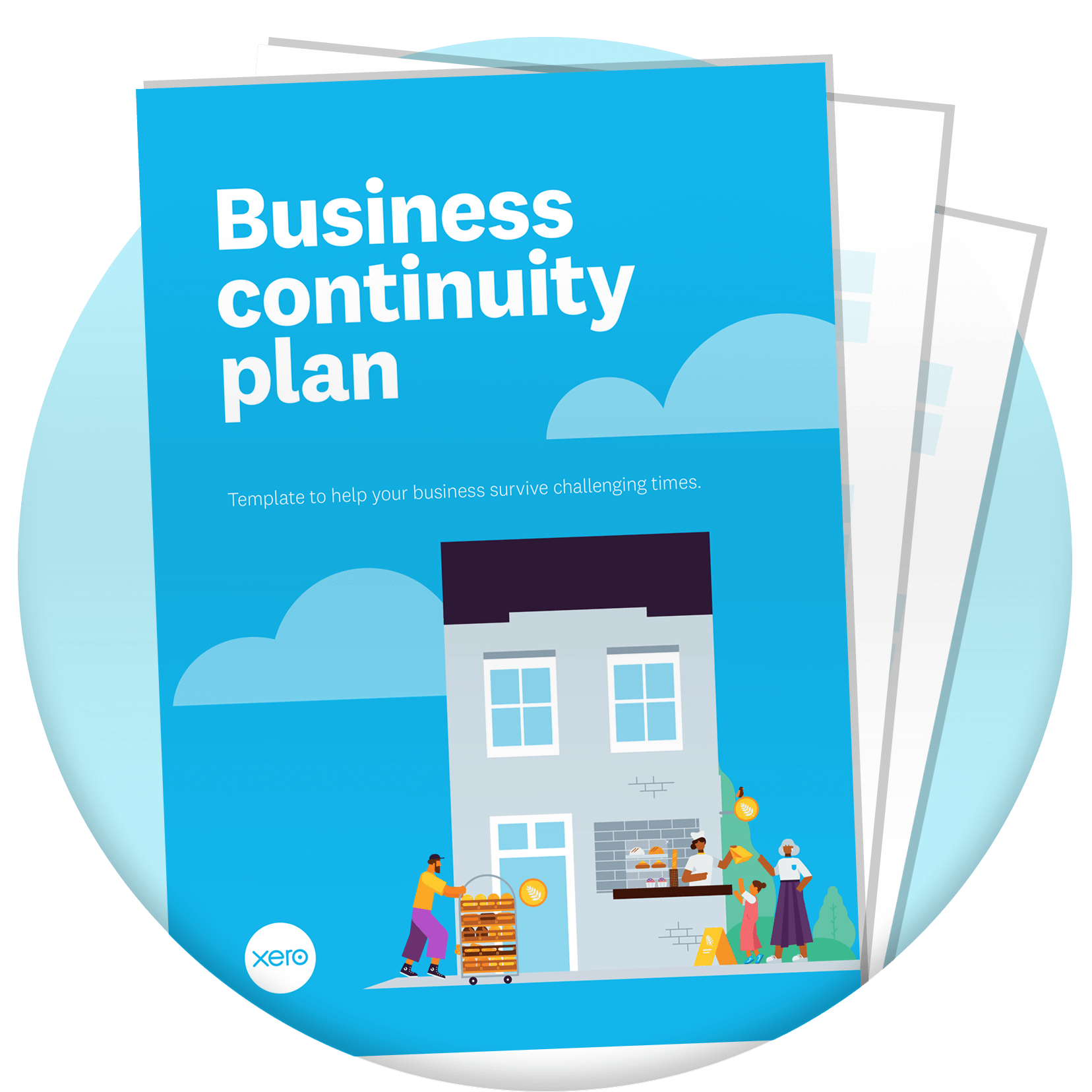A business continuity template front page in front of two blank pages