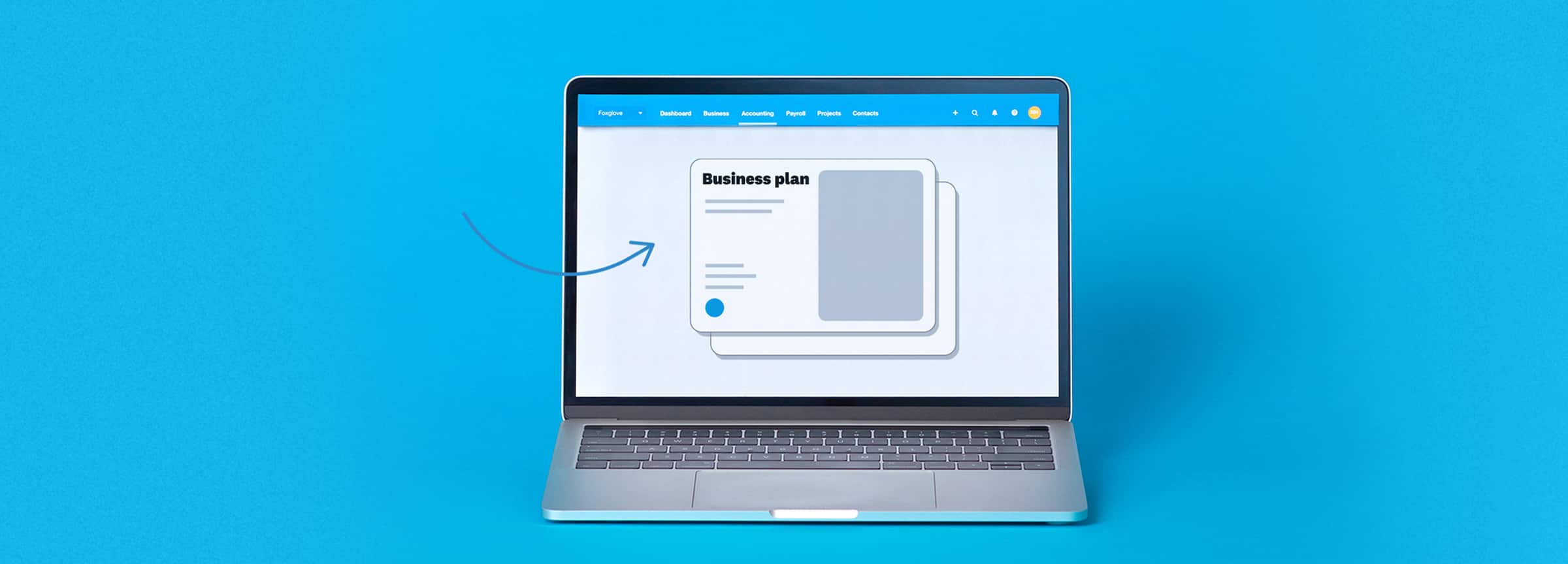 A laptop displaying a business plan template
